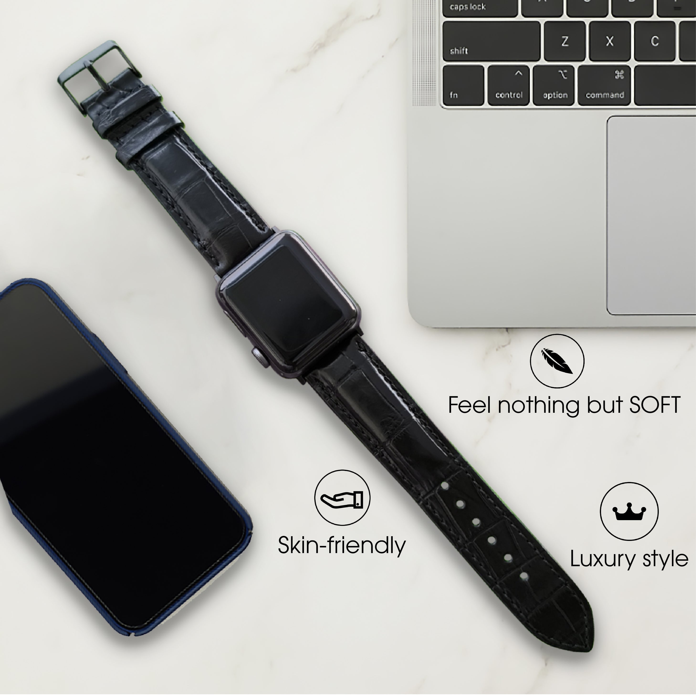 Black Alligator Leather Strap for Apple Watch IWatch Ultra Series 8 7 6 5 4 3 SE - Vinacreations