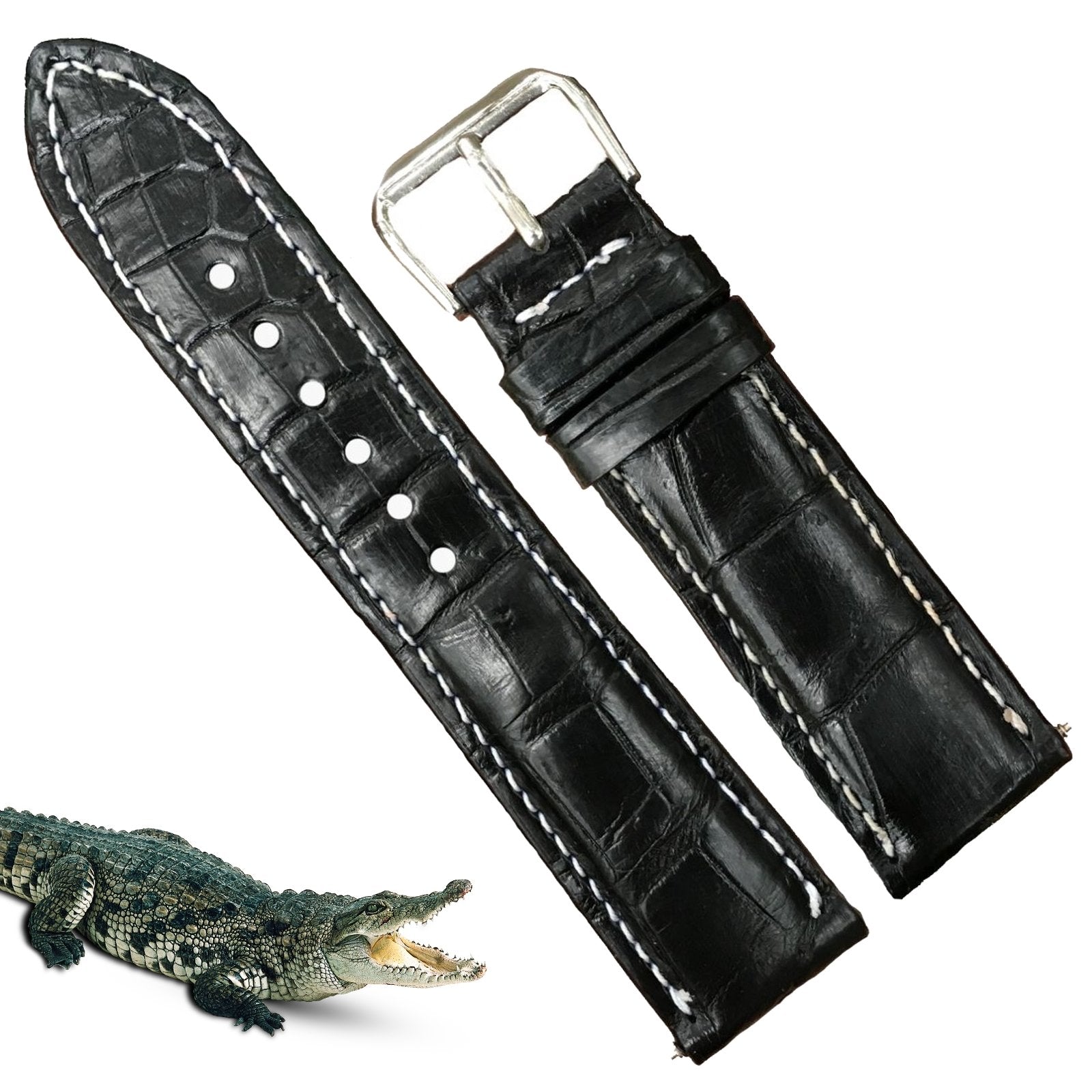 Black Alligator Leather Watch Band For Men | Premium Crocodile Quick Release Replacement Wristwatch Strap | DH-53 - Vinacreations