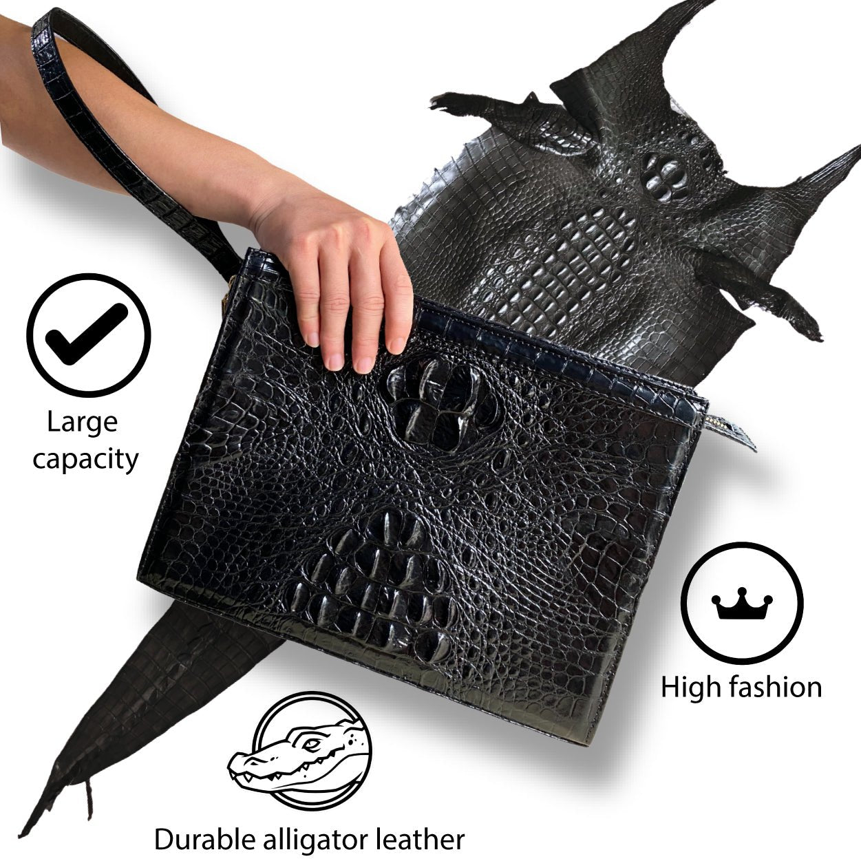Black Alligator Mens Big Wristlet Clutch Purse Business Bag Premium Crocodile Handbag RFID Blocking CLUT01 - Vinacreations