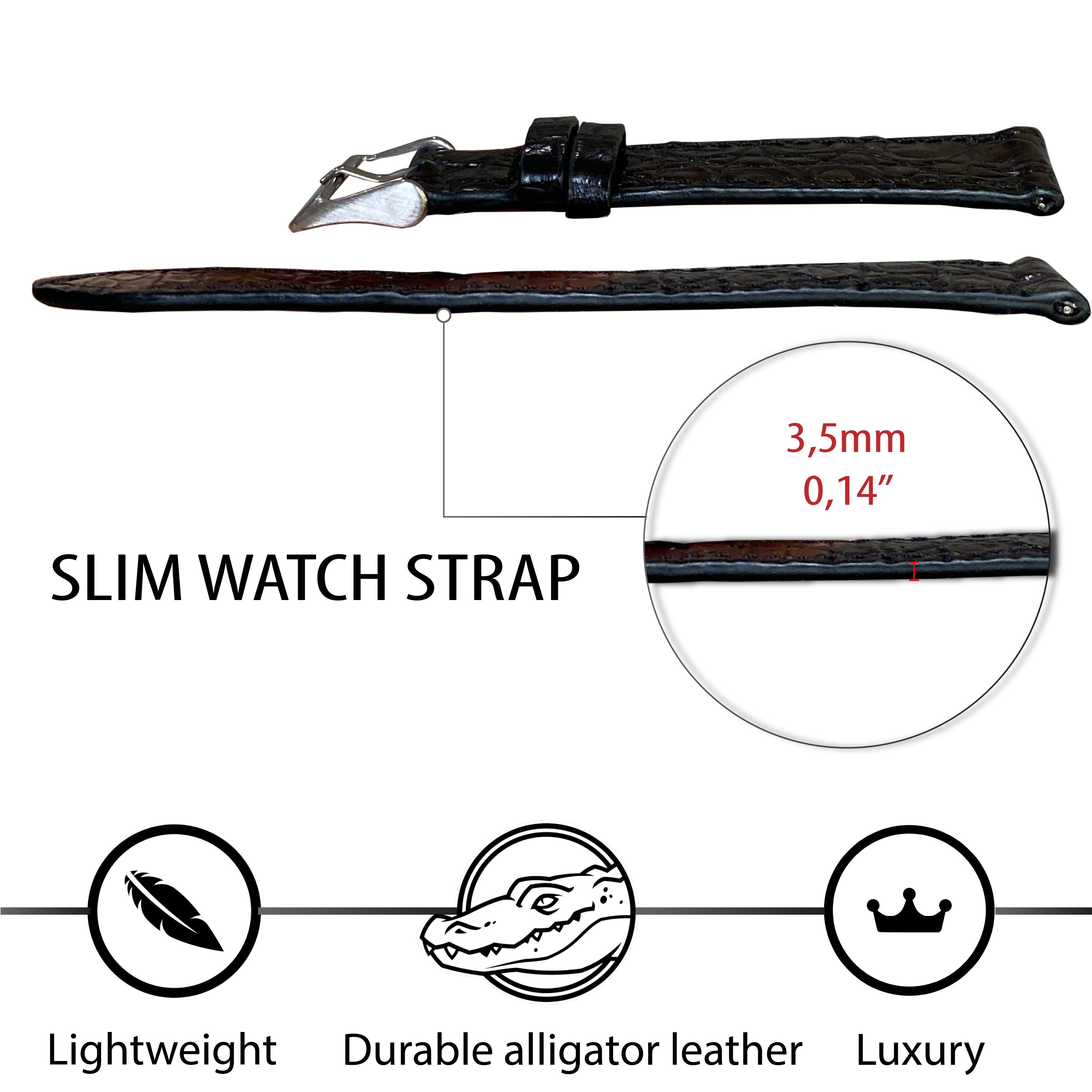Black Flat Alligator Skin Watch Band For Men | No-padding Gator Wristwatch Strap | DH-21 - Vinacreations