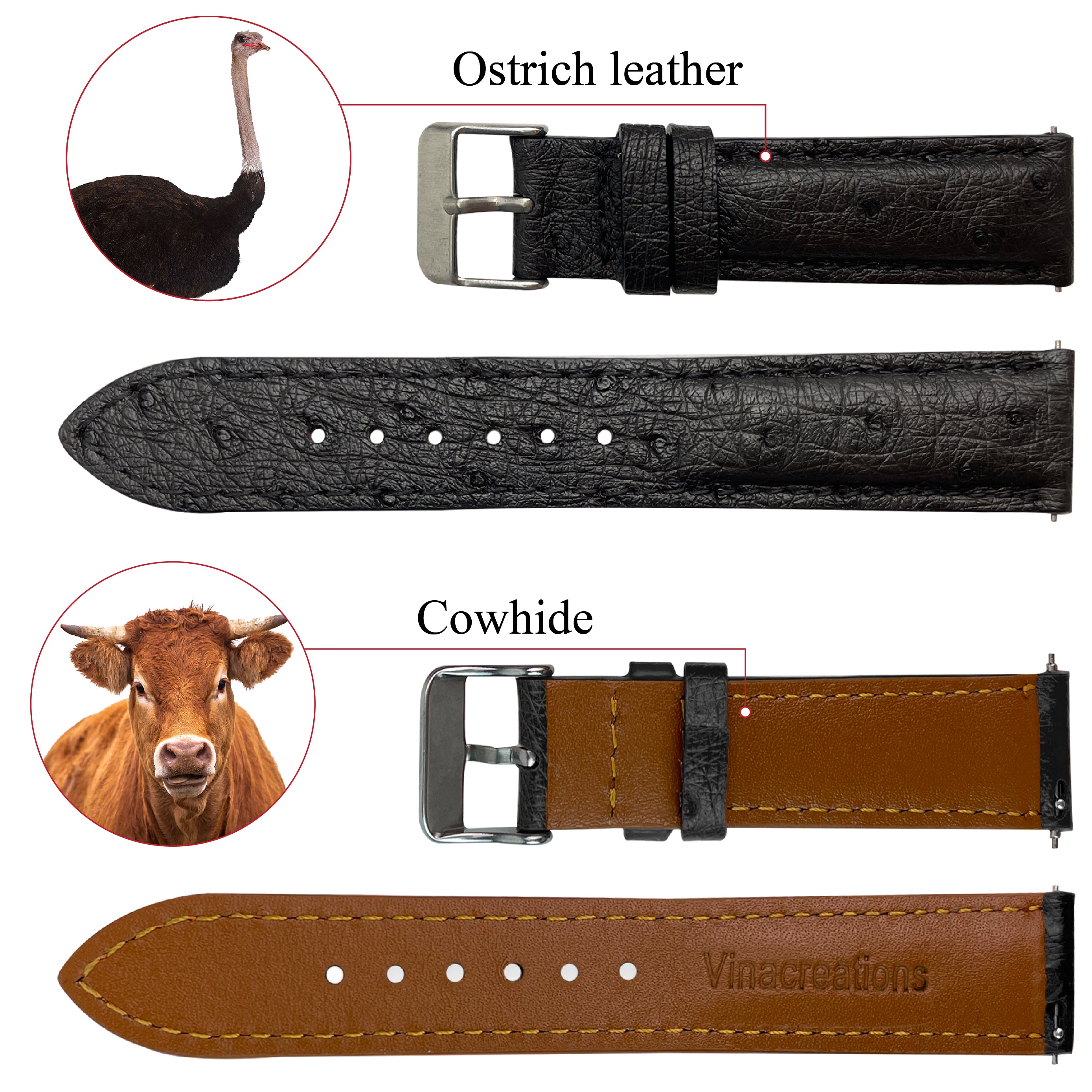 Black Ostrich Leather Watch Strap Quick Release Replacement Wrist Watch Band - Vinacreations