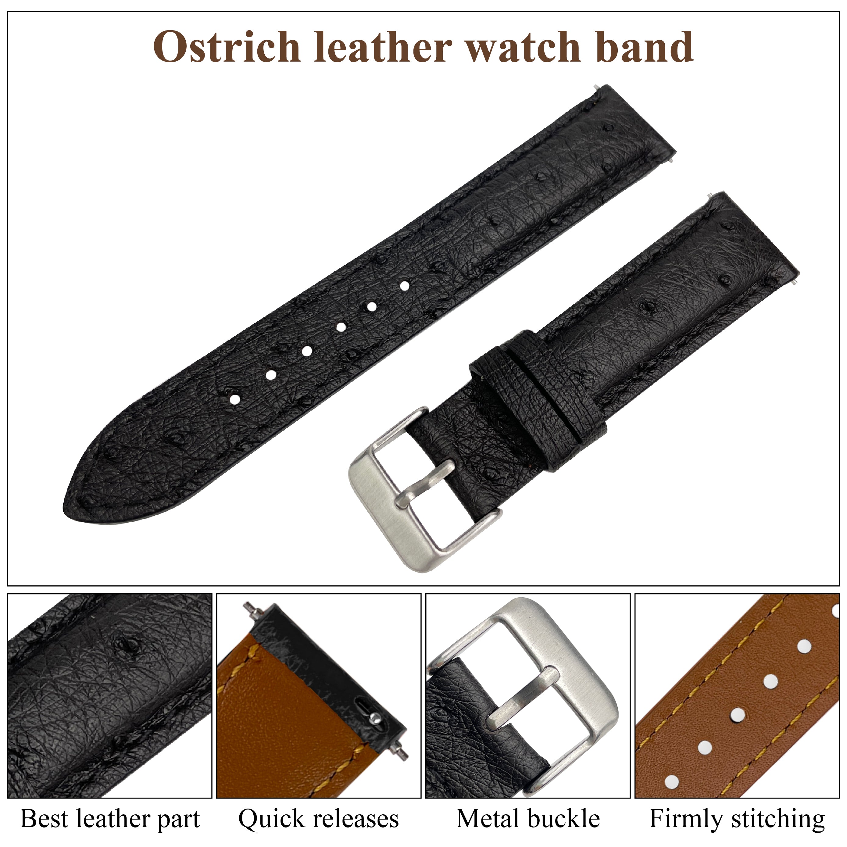 Black Handmade Genuine Ostrich Leather Watch Strap 18mm 20mm 22mm ...