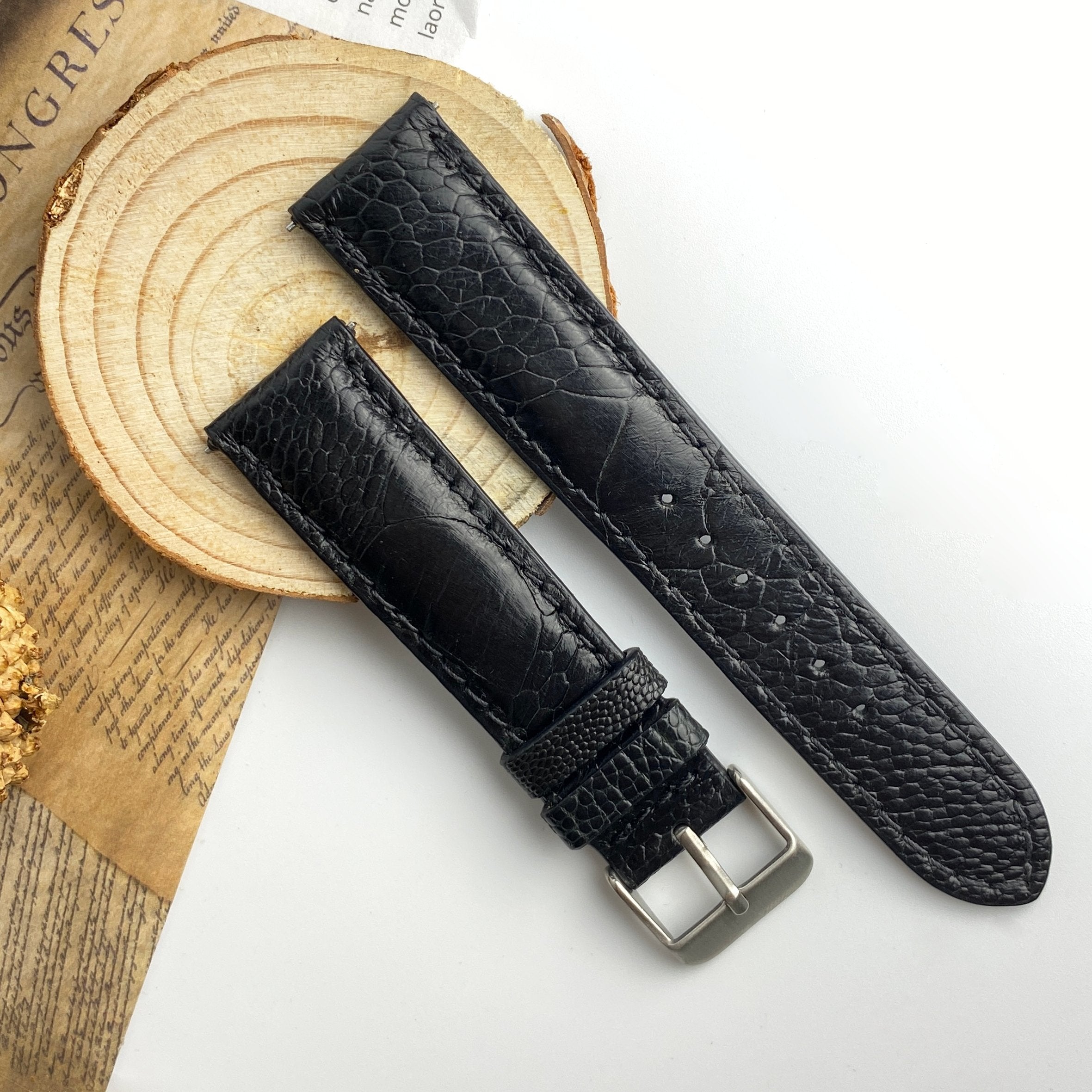 Black Ostrich Leather Watch Band For Men With Quick Release