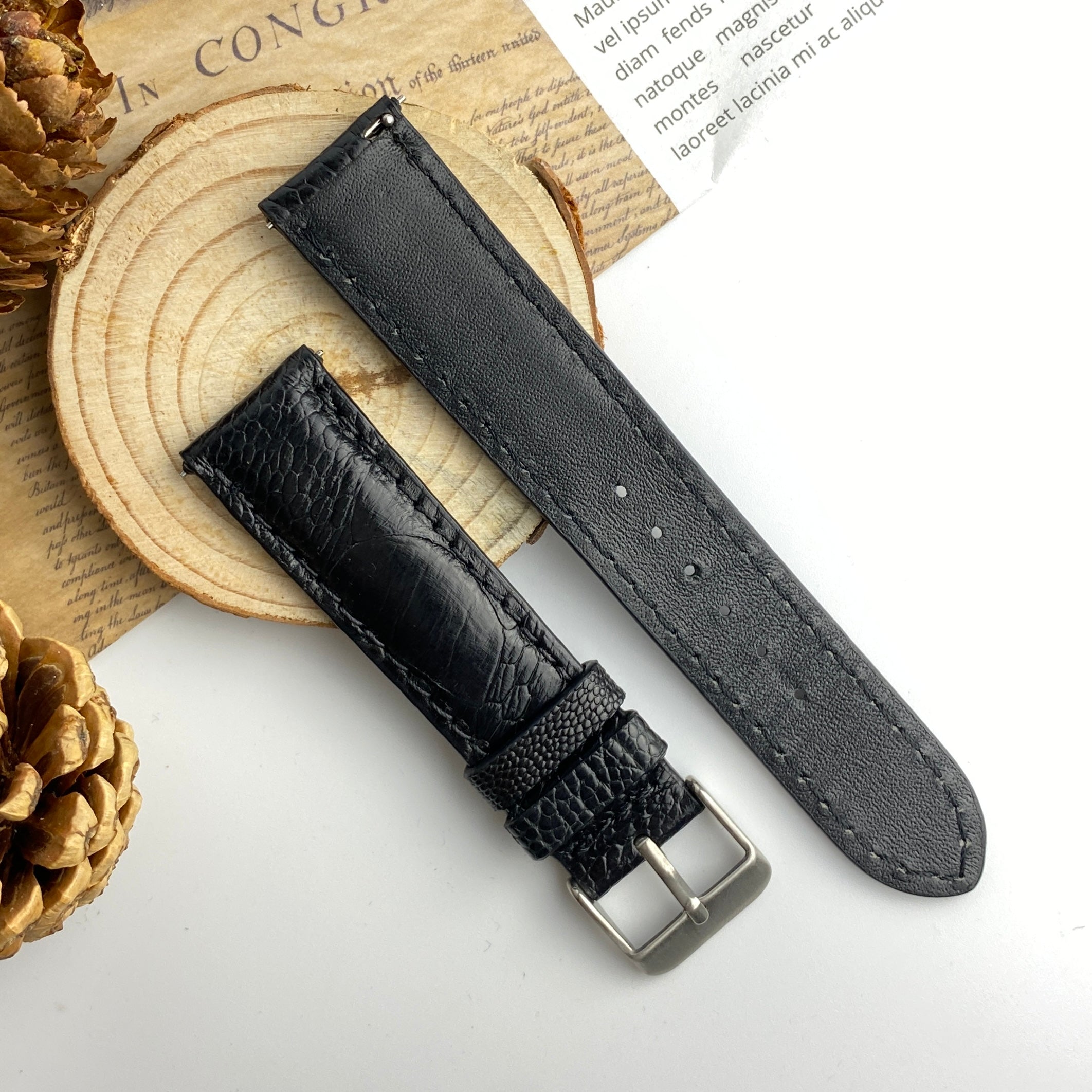 Black Ostrich Skin Watch Strap For Men | Ostrich Leather Wristwatch Strap Quick Release Buckle | DH-34 - Vinacreations
