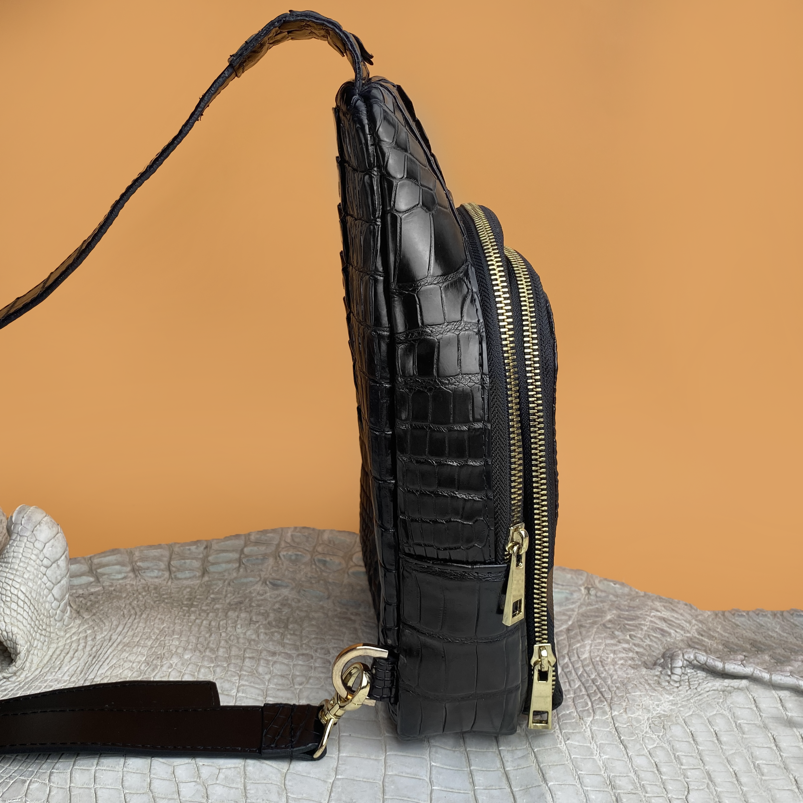 Black Alligator Crossbody Sling Bag | Handmade Men's Crocodile Shoulder Bag | BACKPACK11