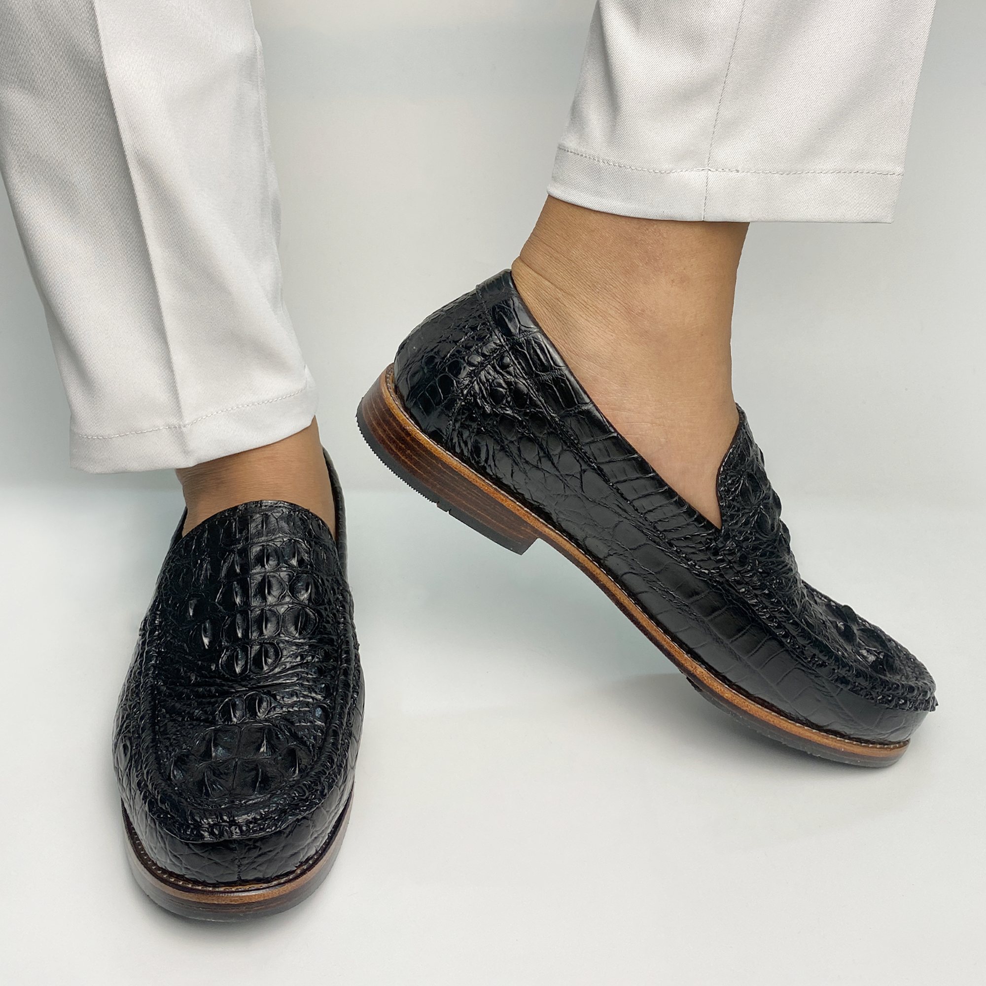 Black Mens Alligator Leather Slip-On Loafer Shoes for Men | Crocodile Hornback Leather Loffer | SH51F, Black / 14