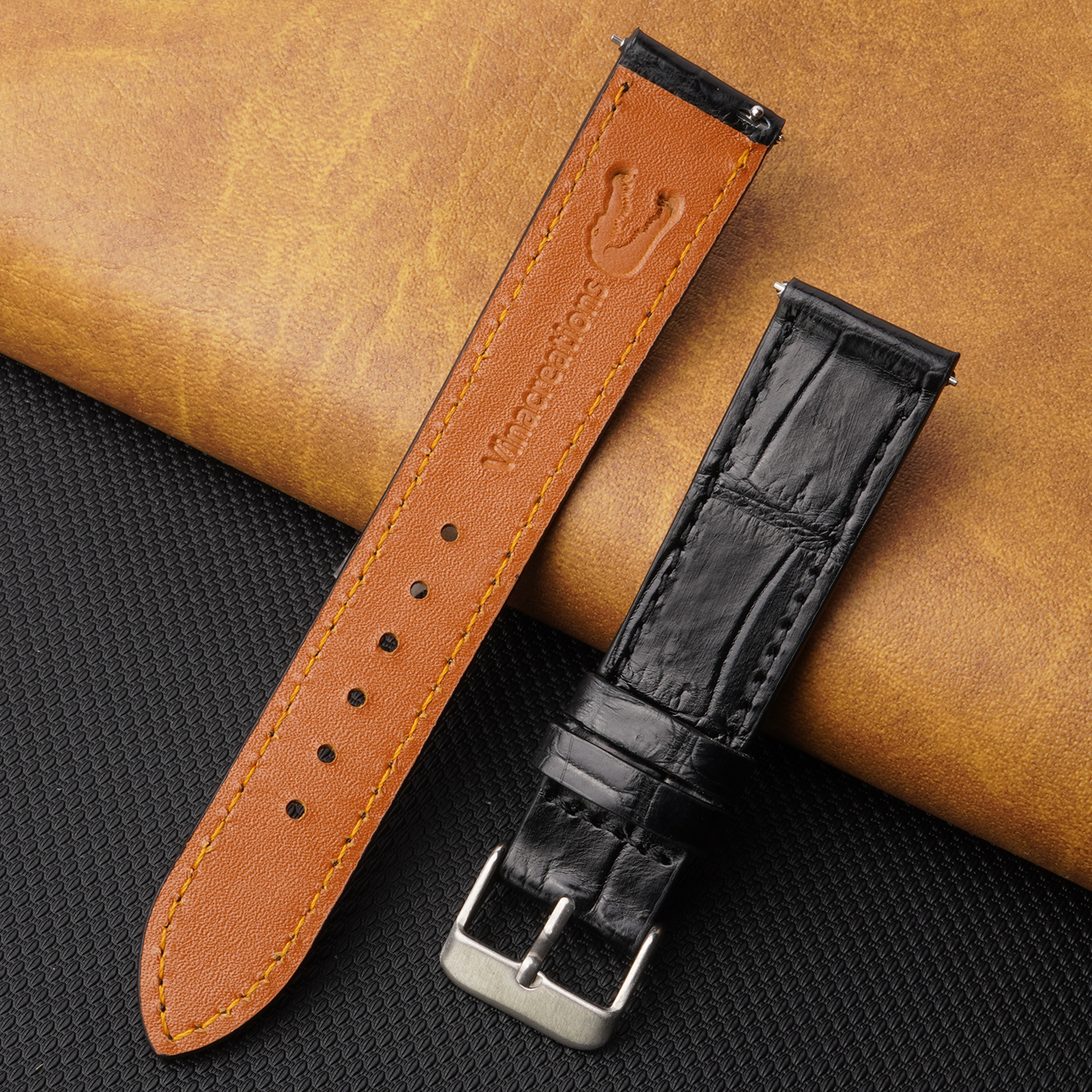 Flat Black Alligator Leather Watch Band