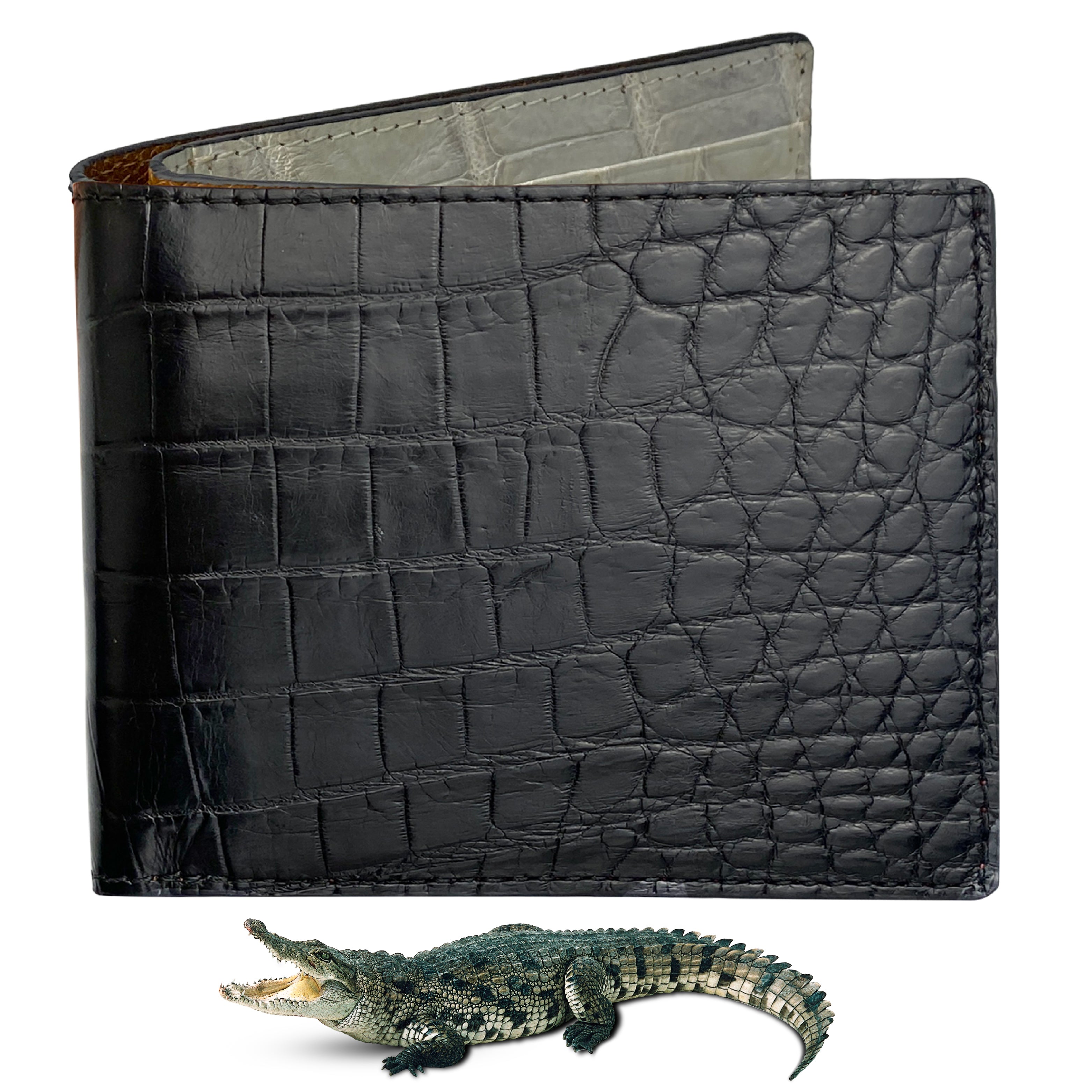 Black White Alligator Slim Bifold Wallet For Men