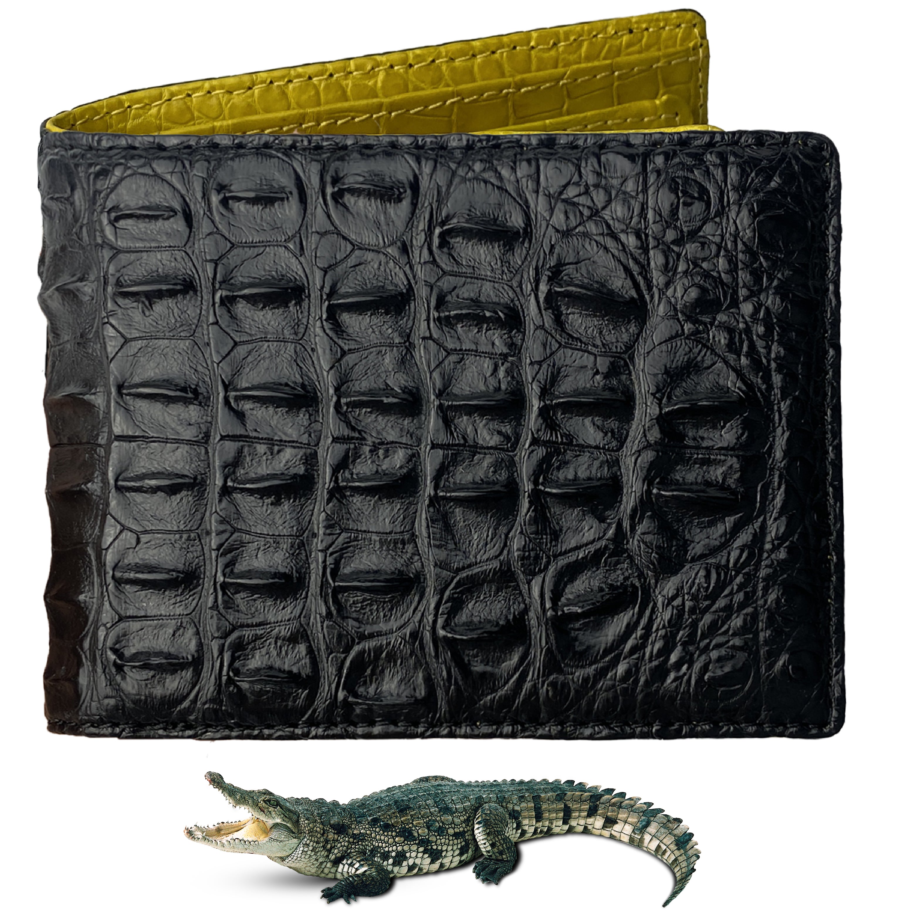 Black Yellow Double Side Alligator Hornback Bifold Wallet For Men