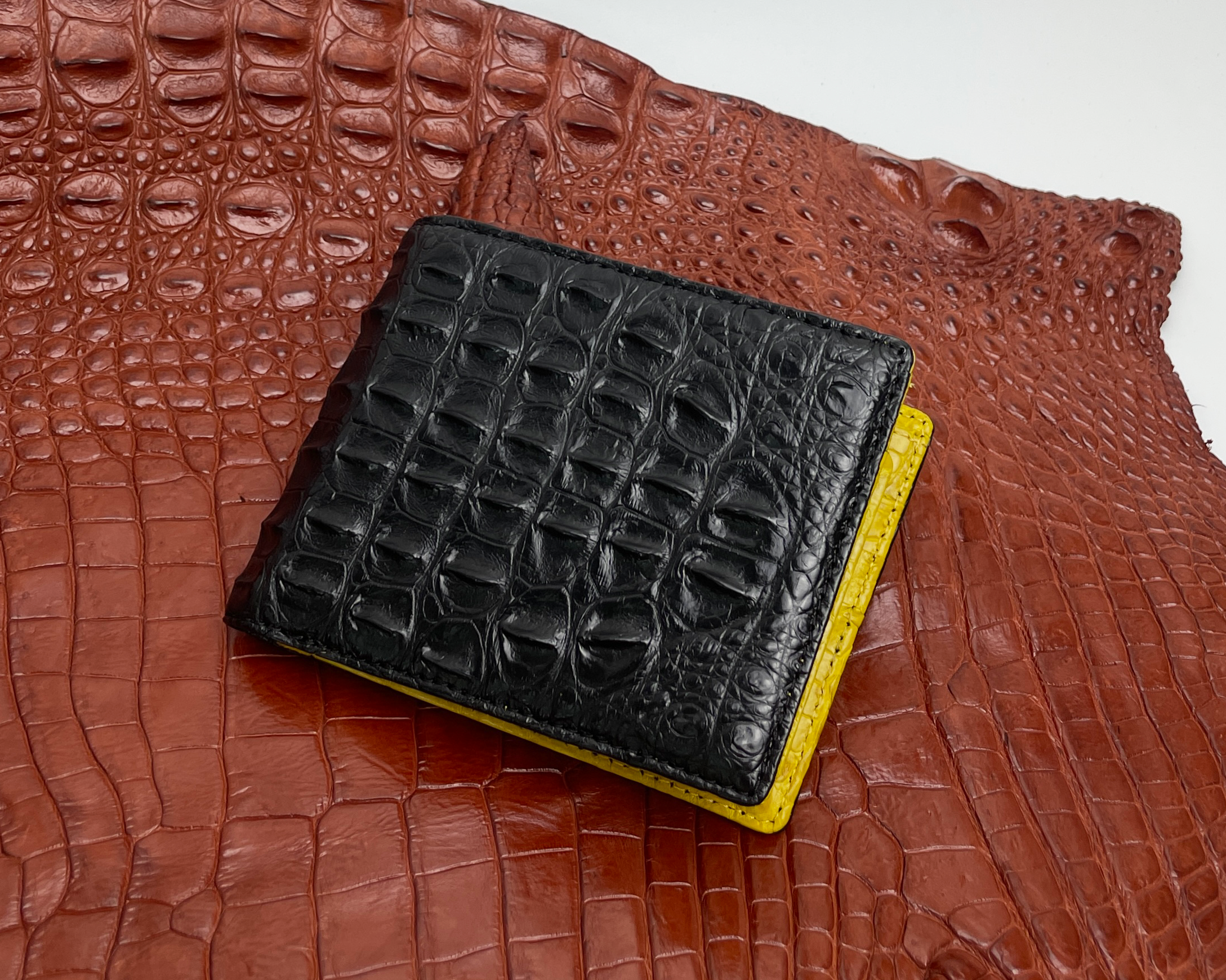 Black Yellow Double Side Alligator Hornback Bifold Wallet For Men