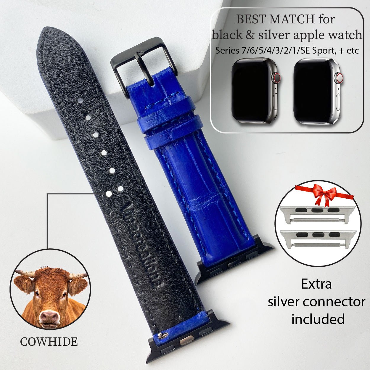 Light Blue Alligator Leather Watch Band Men Compatible Apple Watch