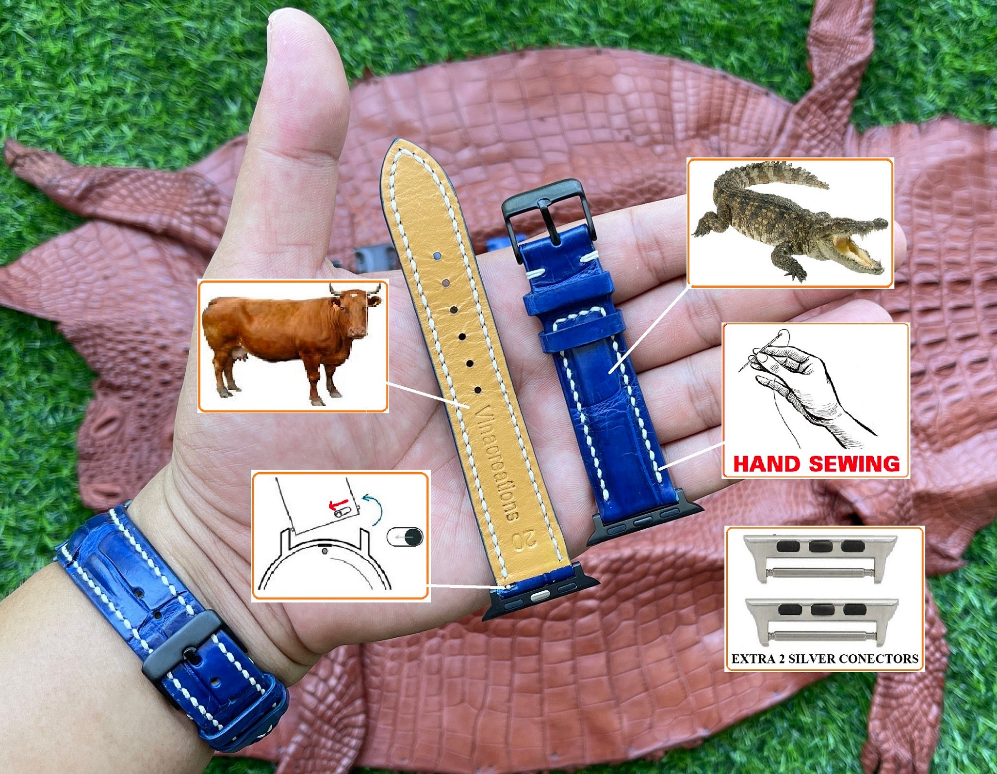 Blue White Stiching Alligator Leather Watch Band For Apple Watch