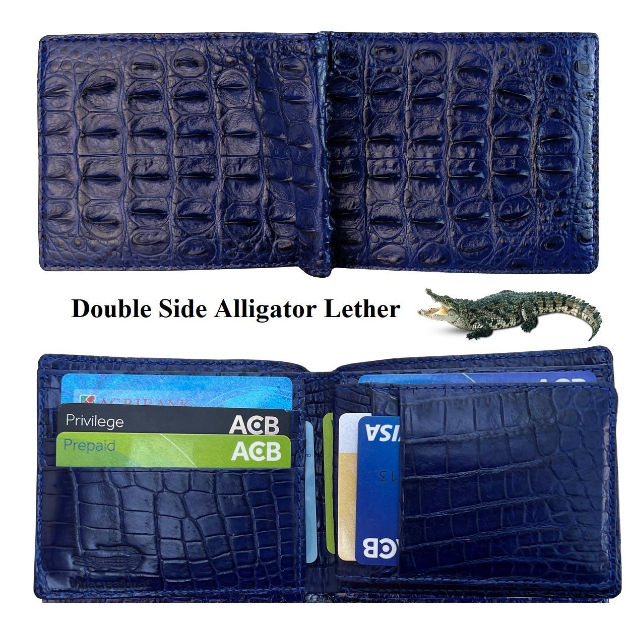 Blue Double Side Alligator Hornback Leather Bifold Wallet For Men RFID Blocking | VINAM-106