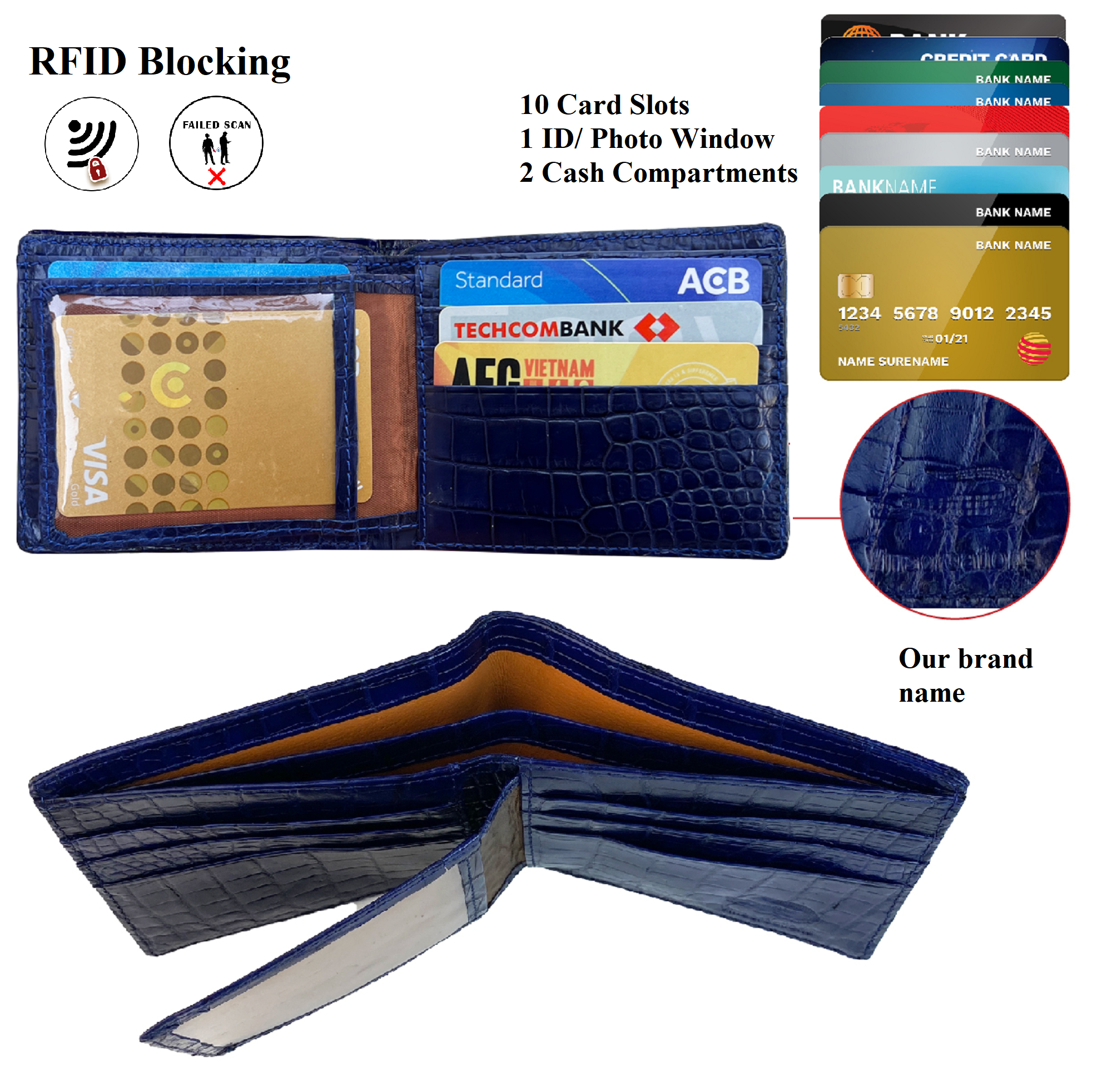 Blue Double Side Alligator Hornback Leather Bifold Wallet For Men RFID Blocking | VINAM-106