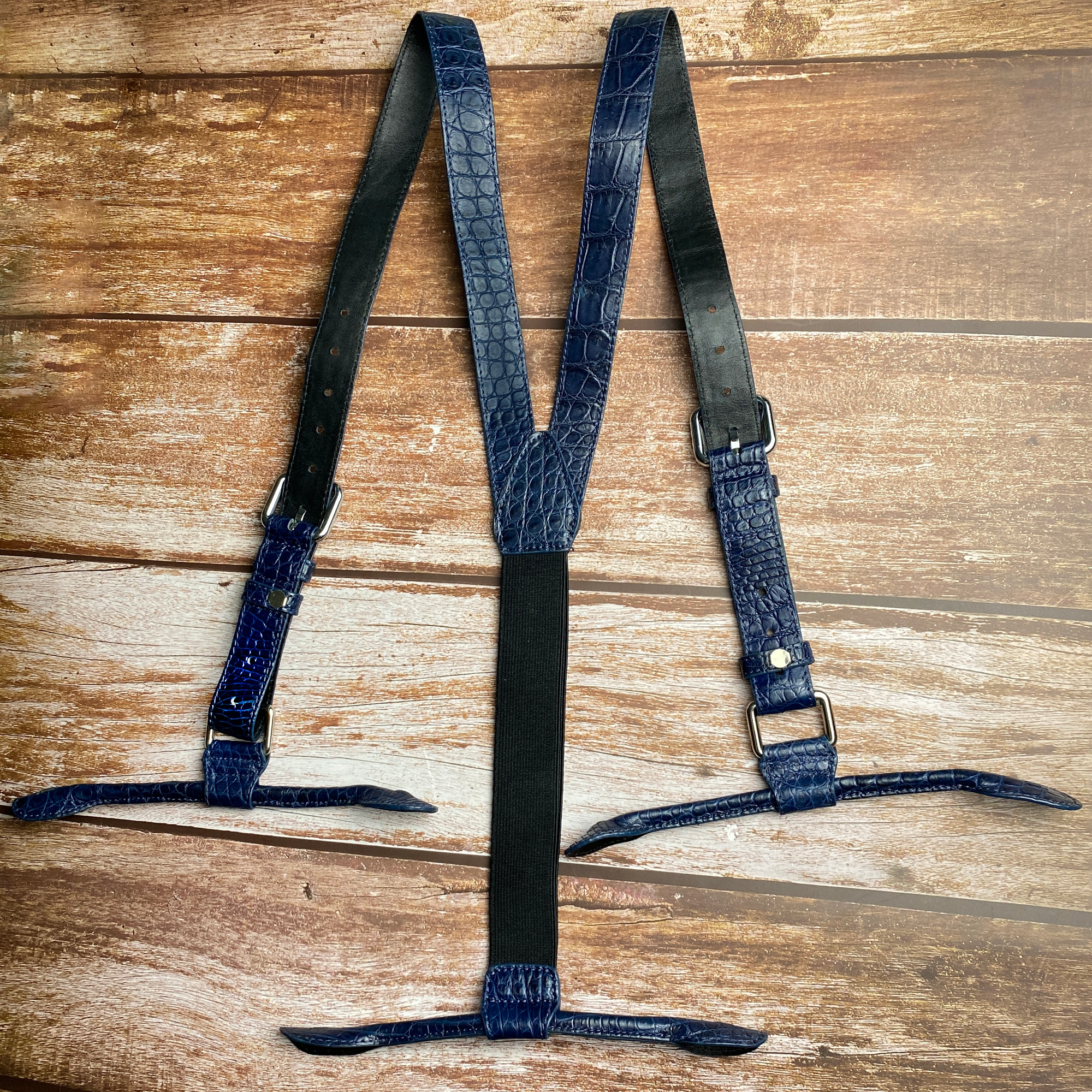 Alligator Y-Back Navy Blue Leather Suspenders Men Button End - Groomsmen Suspenders - Wedding Groom Suspenders Adjustable