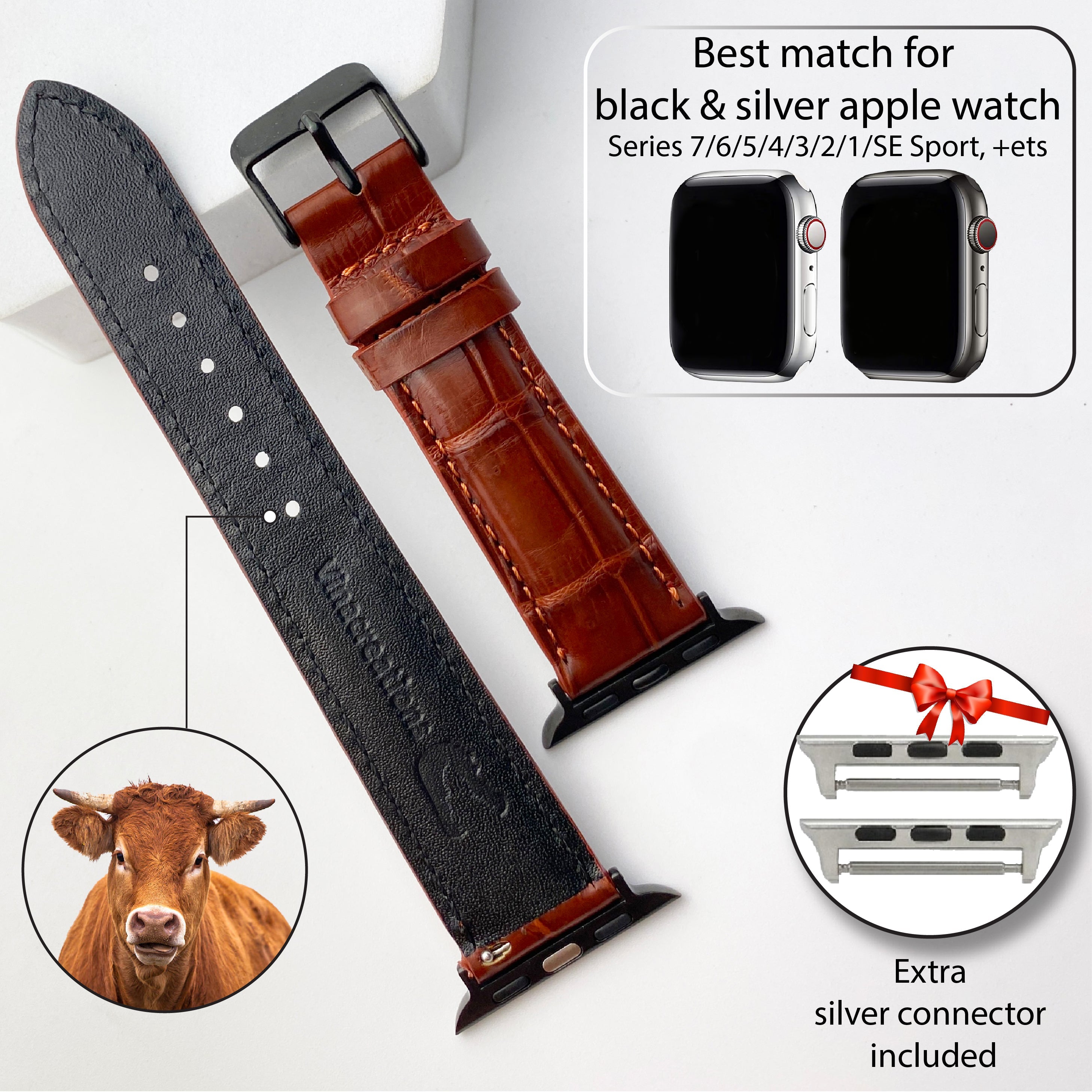 Brown Alligator Leather Watch Band Compatible with Apple Watch IWatch Series 7 6 5 4 3 2 1 SE | AW-06 - Vinacreations