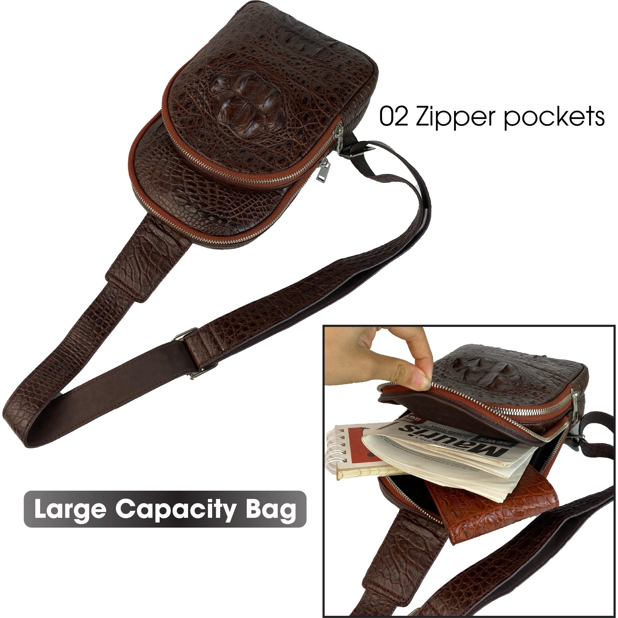 Brown Alligator Men‘s Leather Chest Bag, Messenger Bag, Crossbody Bag Christmas Gift For Men - Vinacreations