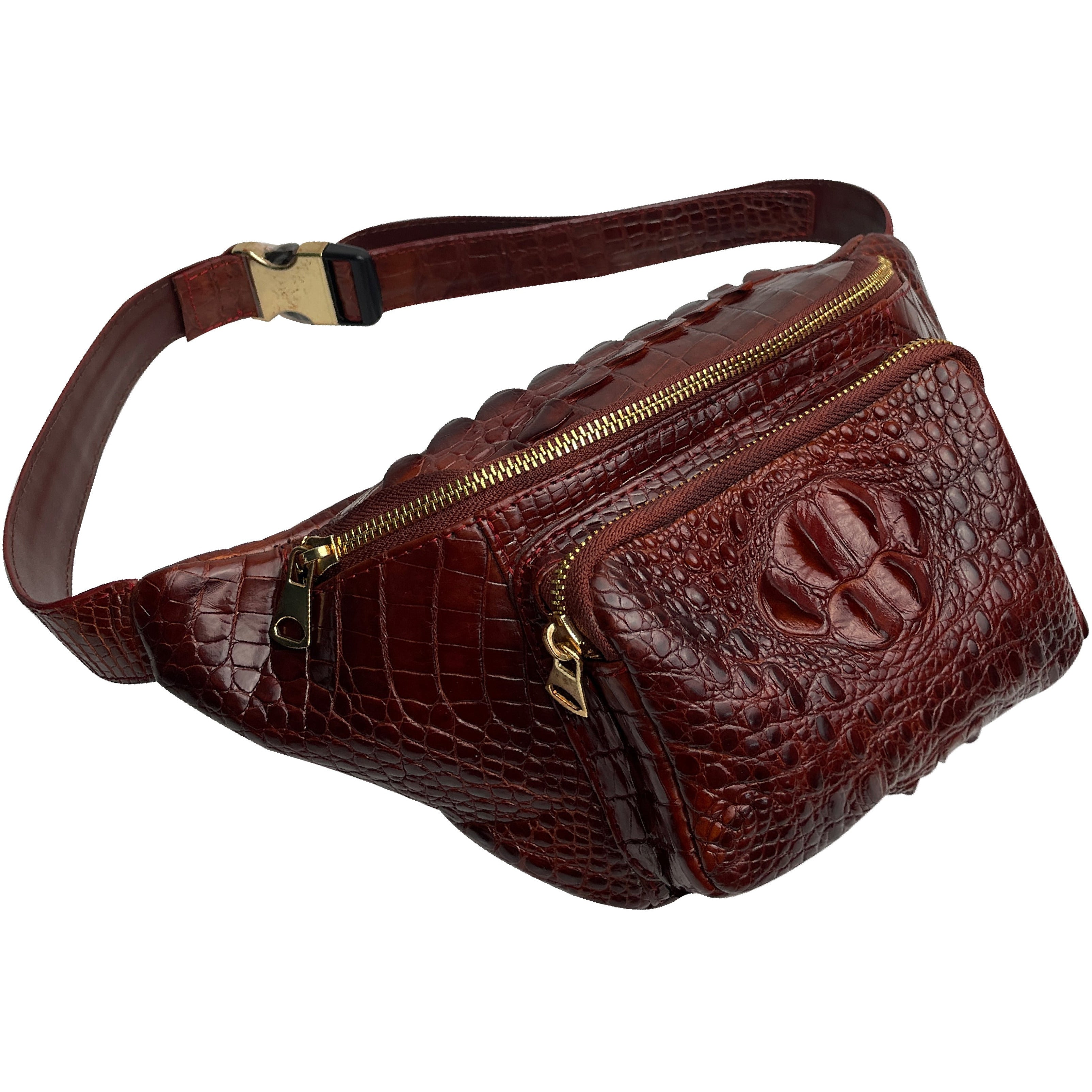 Brown Crocodile Leather Belt Bag, Leather Fanny Pack, Adjustable Cross