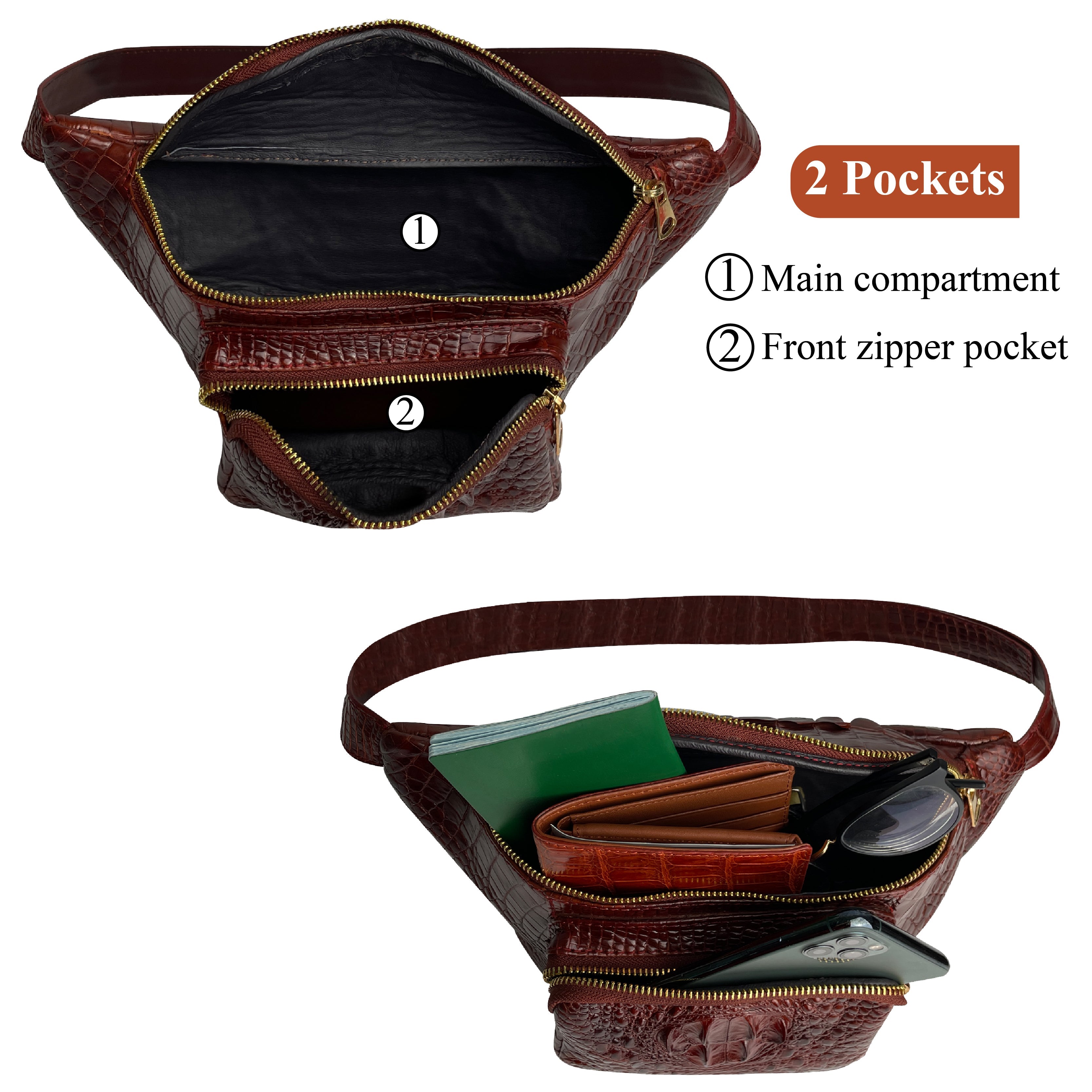 Brown Crocodile Leather Belt Bag, Leather Fanny Pack, Adjustable Cross –  Vinacreations