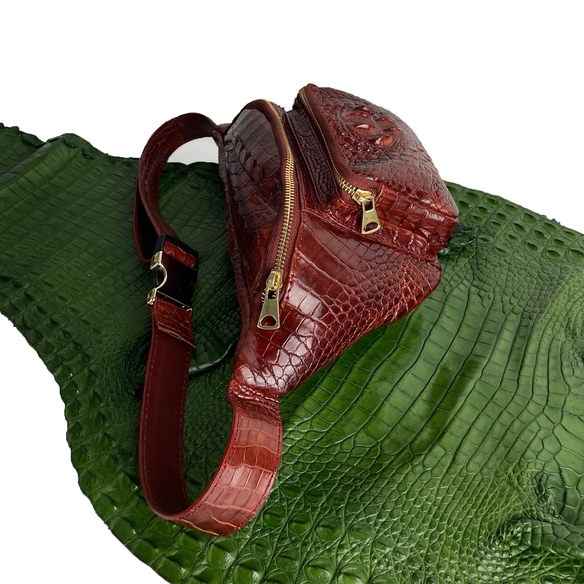Brown Crocodile Leather Belt Bag, Leather Fanny Pack, Adjustable Crossbody Bag, Men Leather Sling Bags, Minimalist Fanny Belt Bag - Vinacreations