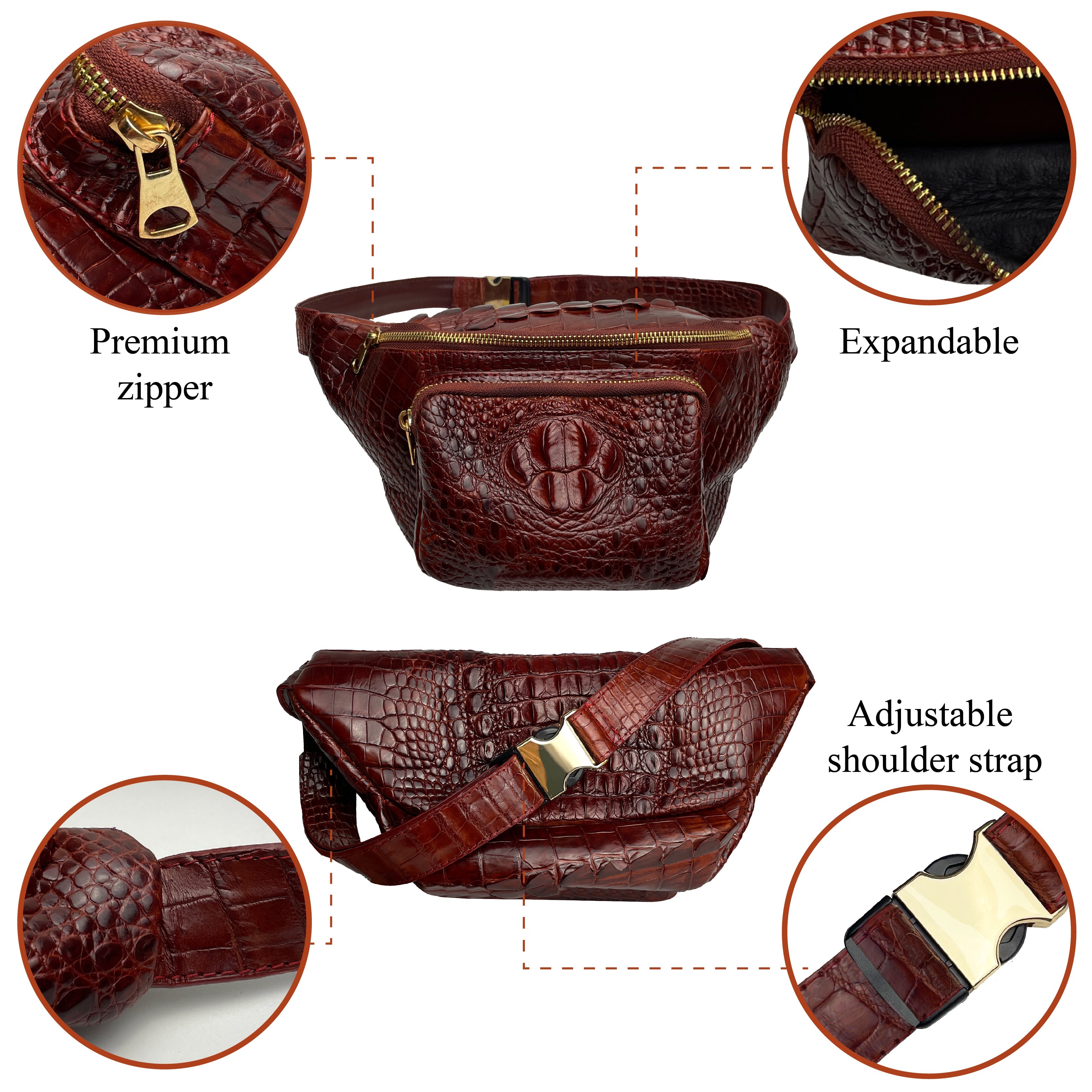 Brown Crocodile Leather Belt Bag, Leather Fanny Pack, Adjustable Crossbody Bag, Men Leather Sling Bags, Minimalist Fanny Belt Bag - Vinacreations
