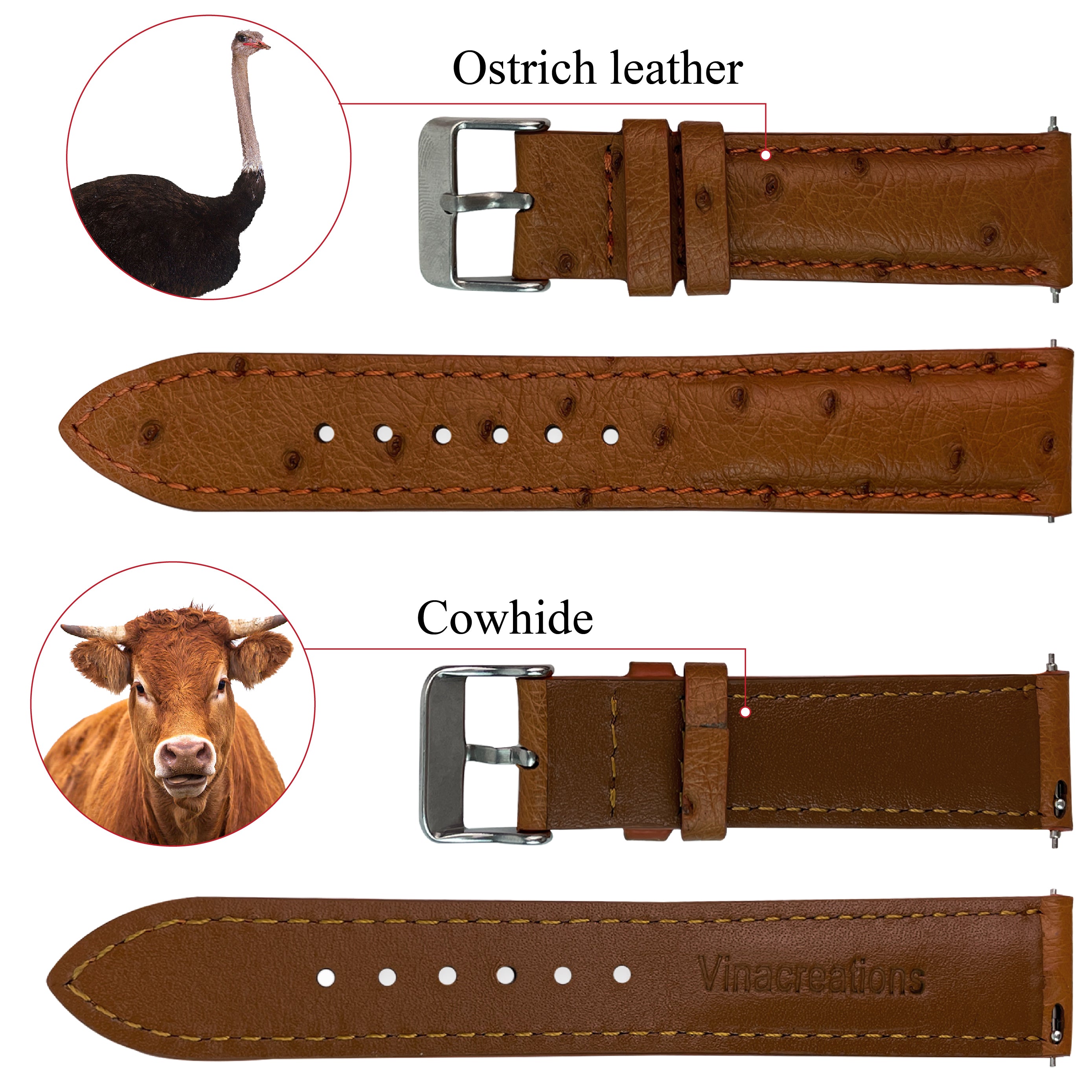 Brown Ostrich Leather Watch Strap Quick Release Replacement Wrist Watch Band - Vinacreations