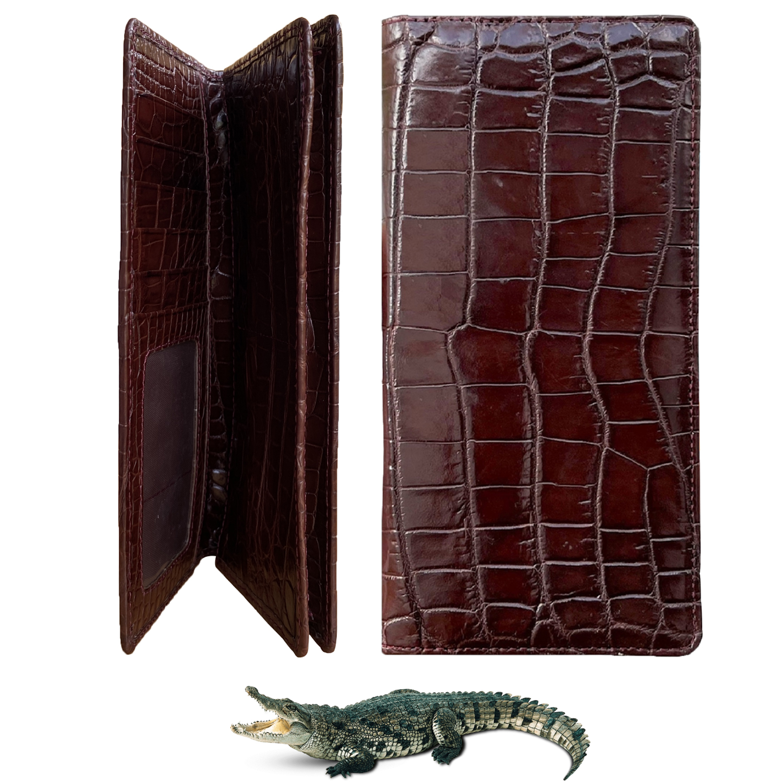 Dark Brown Double Side Alligator Long Wallet For Men | Premium Crocodile Leather Checkbook RFID Blocking | LON33-CS