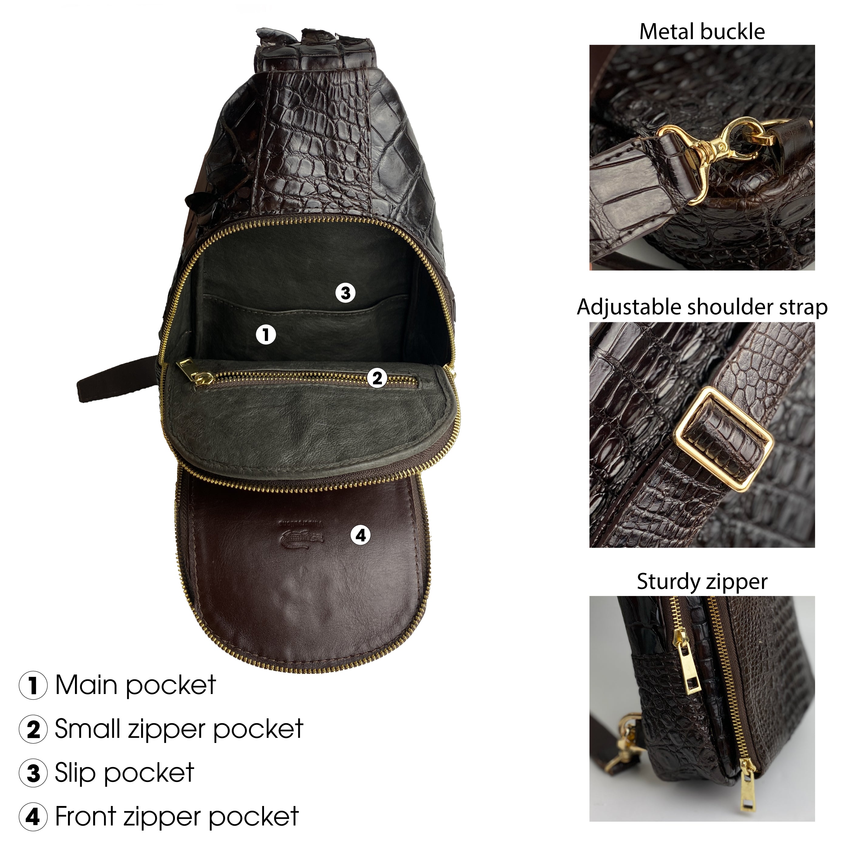 Handcrafted Crocodile Alligator Leather Backpack Shoulder Bag Travel Bag  Black
