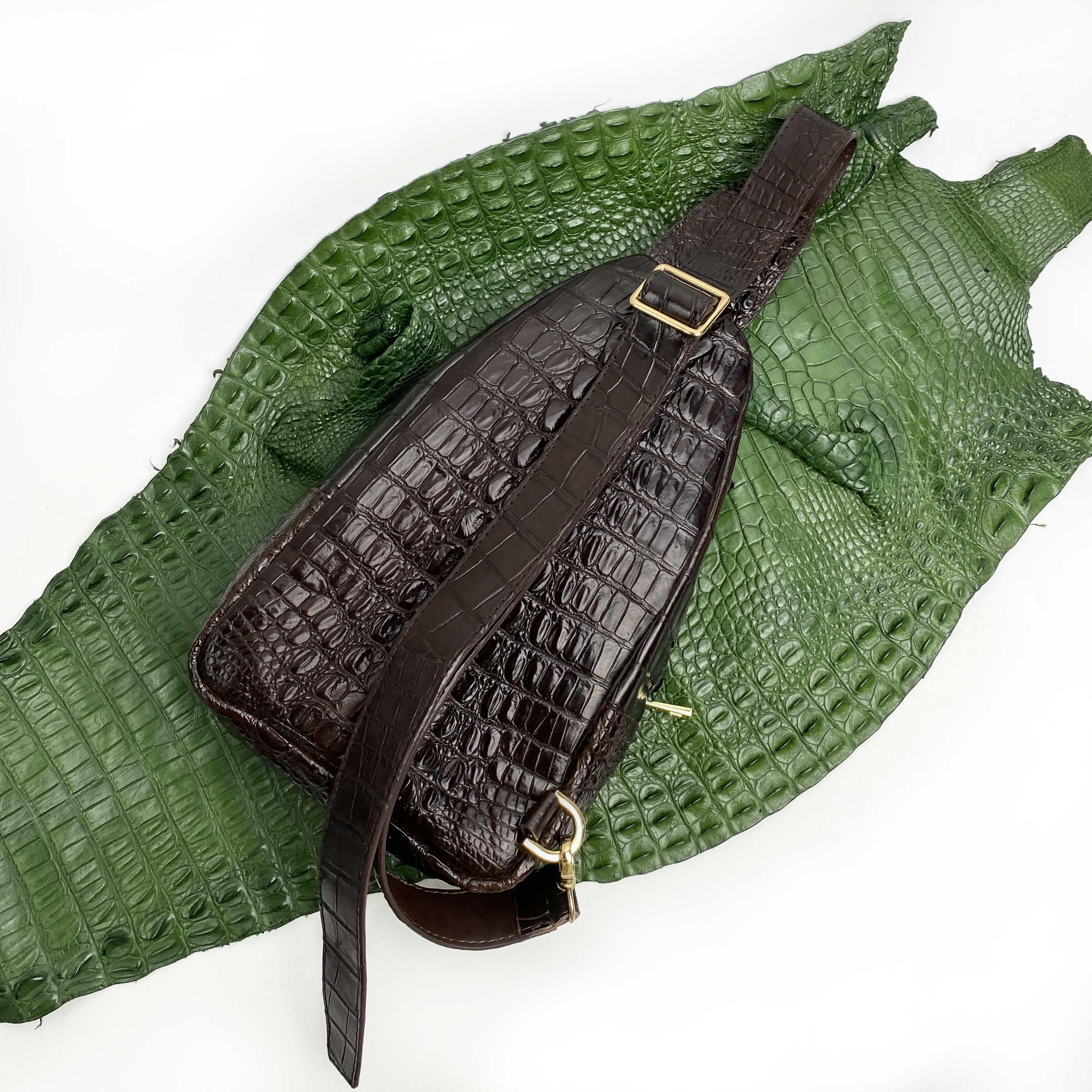 Dark Brown Alligator Crossbody Sling Bag | Handmade Men's Crocodile Shoulder Bag | BACKPACK33