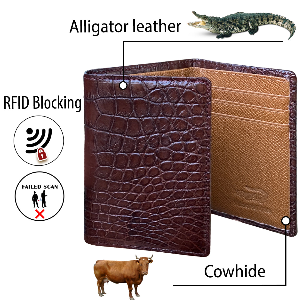 Brown Alligator Leather Trifold Wallet RFID Blocking | TRI36