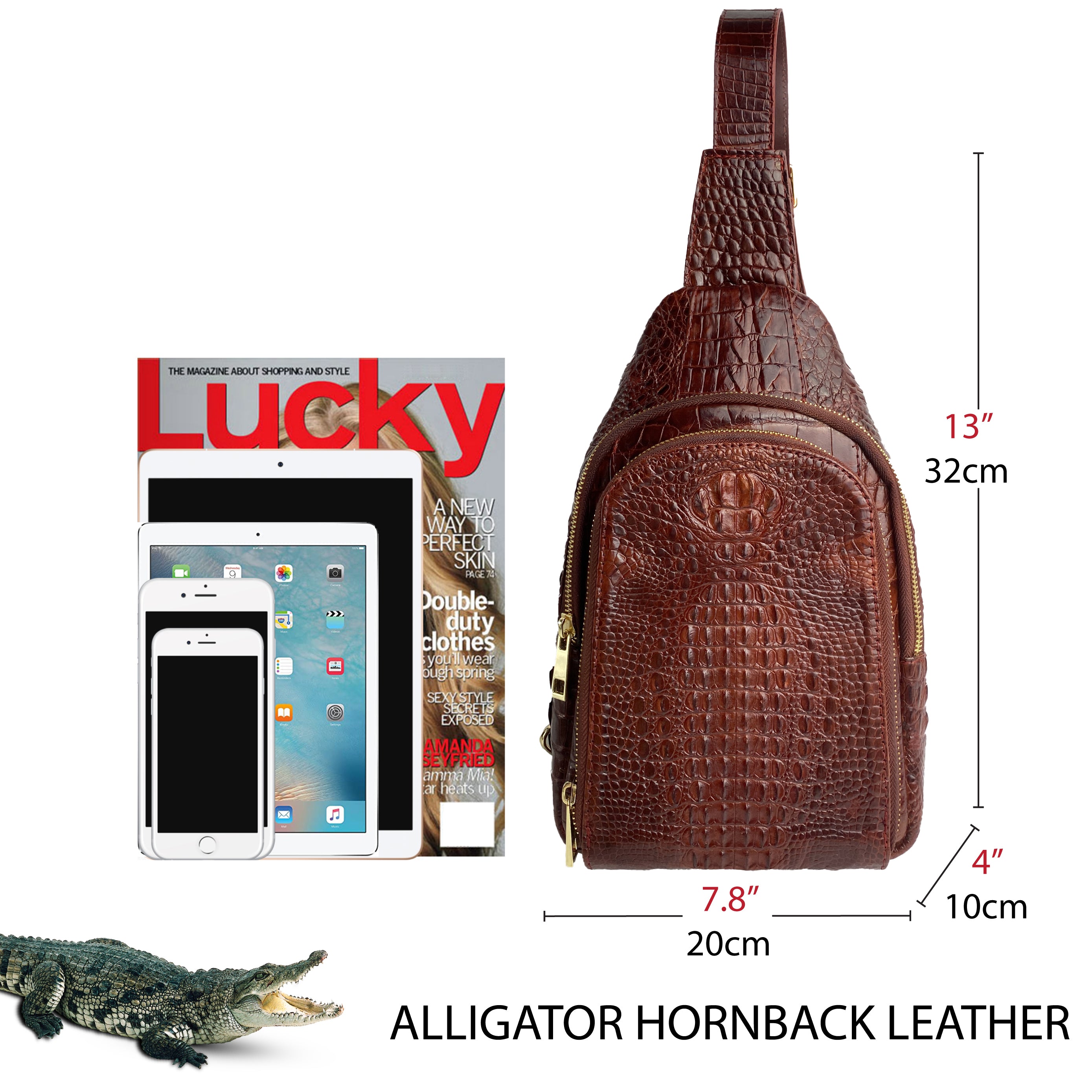 Light Brown Alligator Crossbody Sling Bag | Handmade Men's Crocodile Shoulder Bag | BACKPACK66