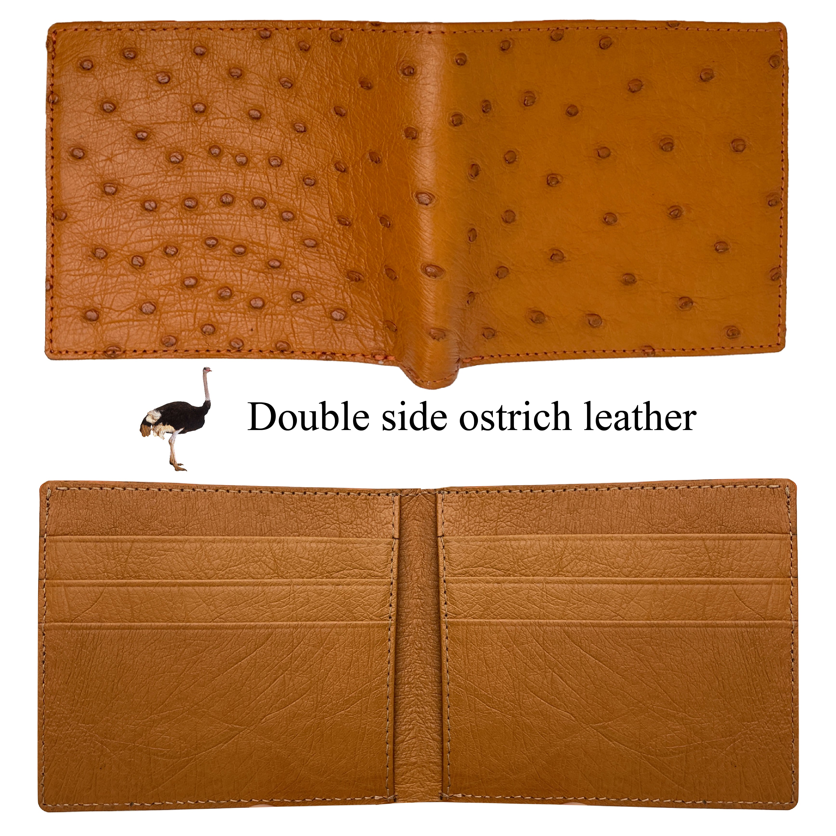 Brown Handmade Double Side Ostrich Leather Bifold Wallet for Men