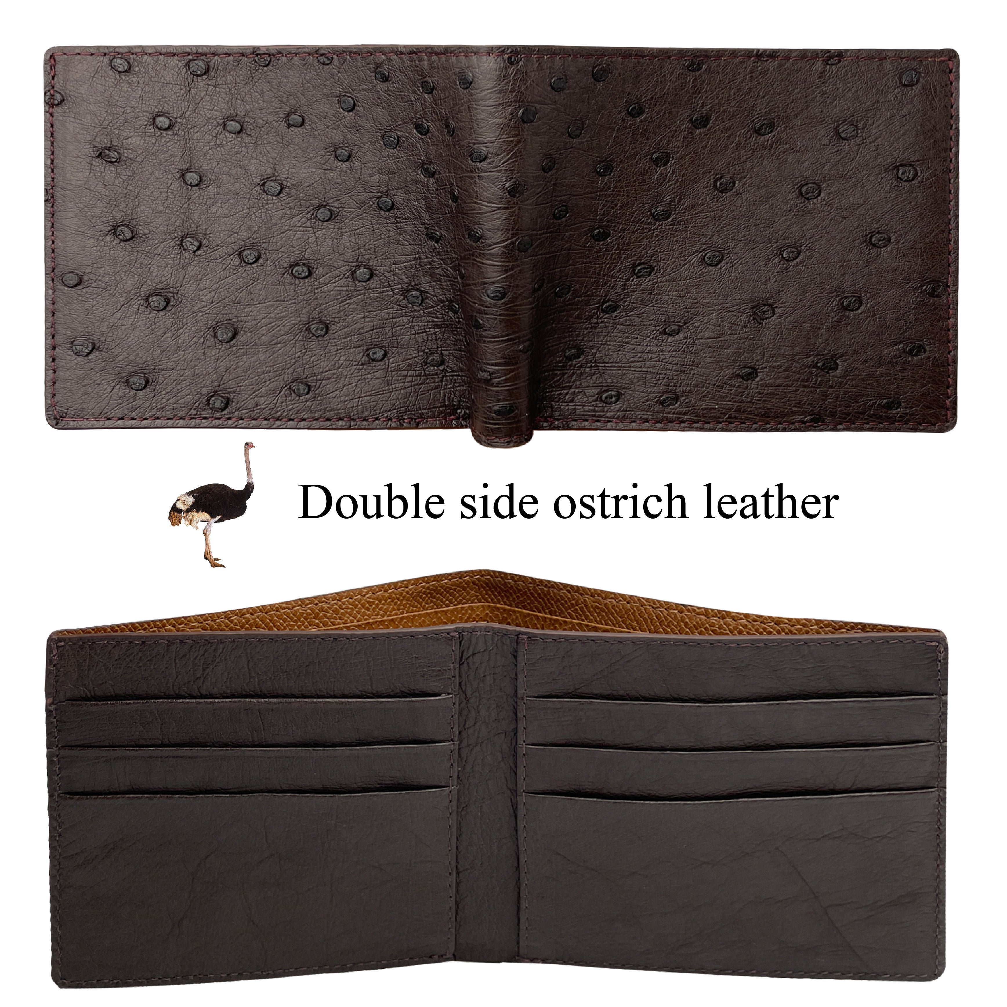 Dark Brown Handmade Double Side Ostrich Leather Bifold Wallet for Men