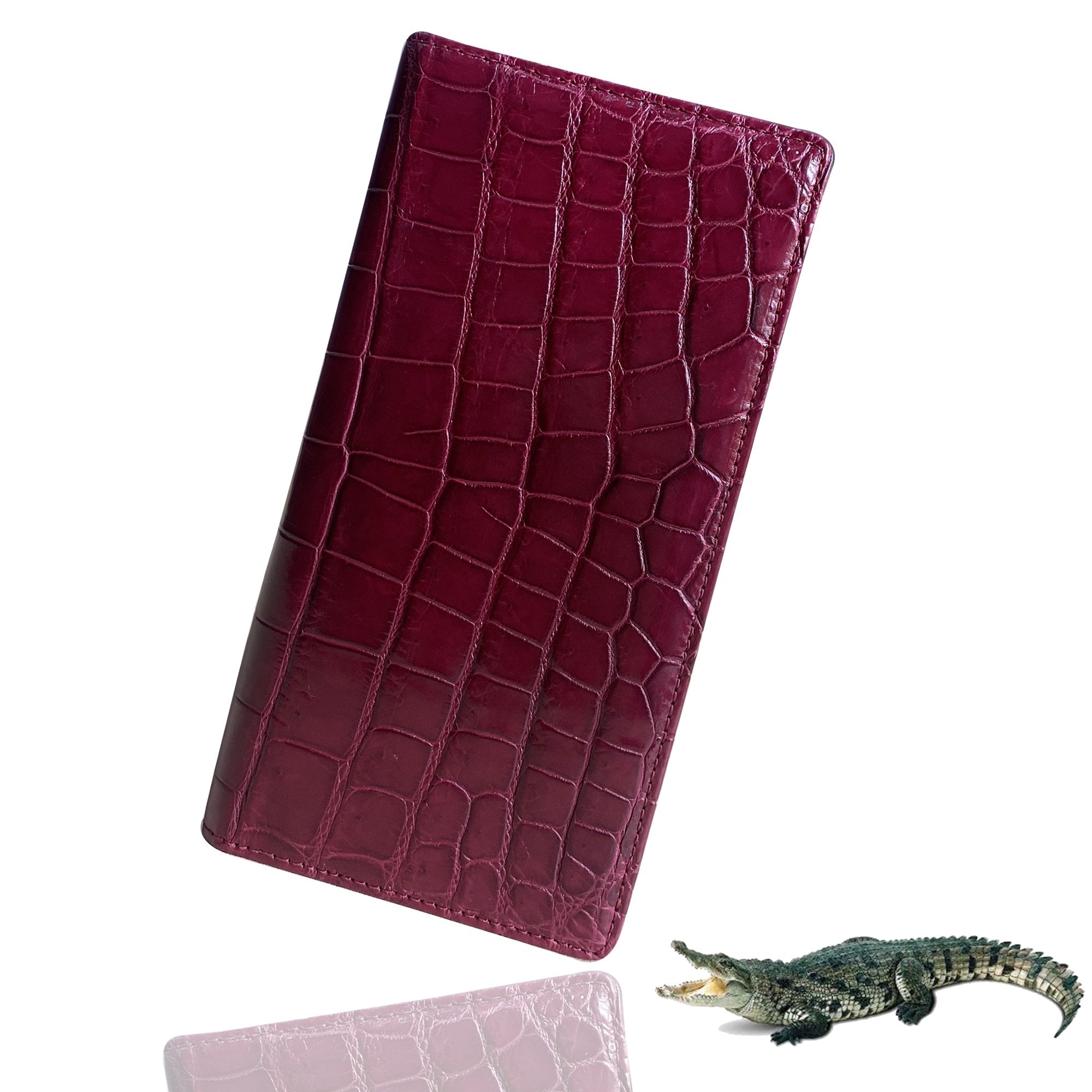 Burgundy Alligator Long Wallet For Men | Premium Crocodile Belly Leather Checkbook | RFID Blocking | LON70 - Vinacreations