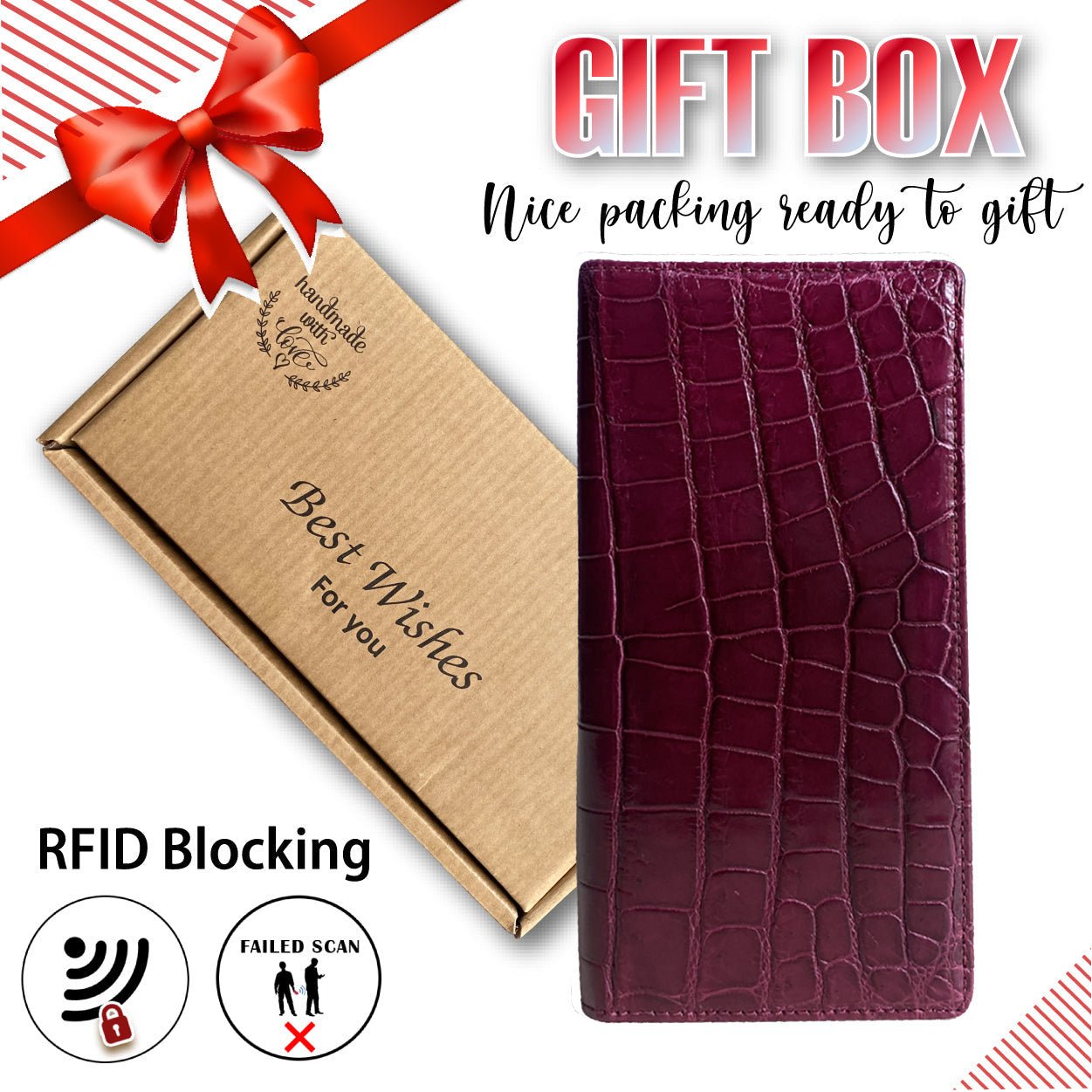 Burgundy Alligator Long Wallet For Men | Premium Crocodile Belly Leather Checkbook | RFID Blocking | LON70 - Vinacreations