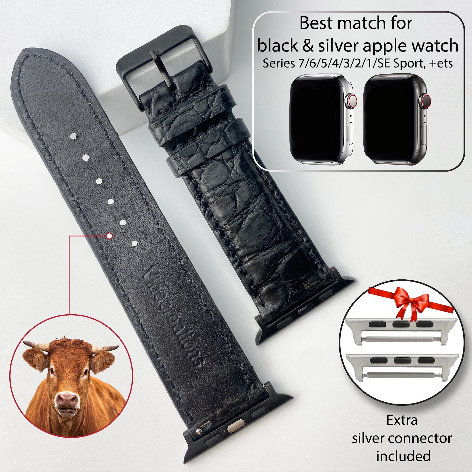 Black Alligator Leather Strap for Apple Watch