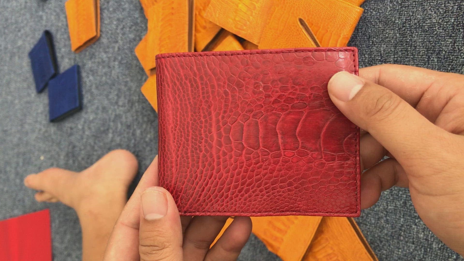 Handmade Red Slim Bifold Ostrich Leather Wallet RFID Blocking For Men | VINAM-95