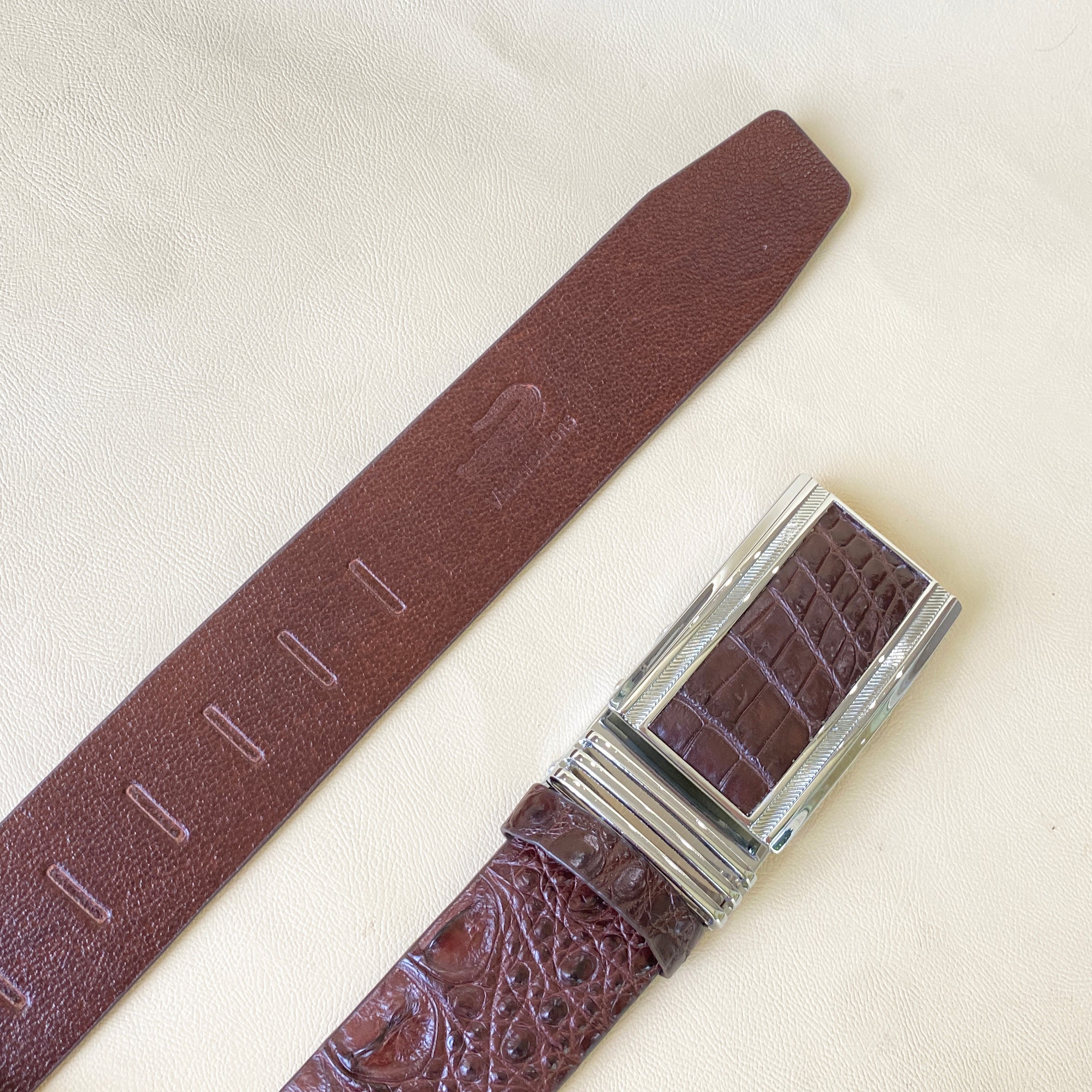 Dark Brown Alligator Hornback Leather Belt For Men - Automatic Buckle | BEHO33 - Vinacreations