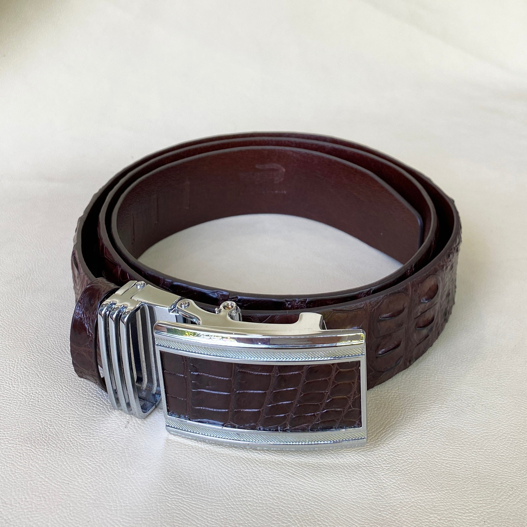 Dark Brown Alligator Hornback Leather Belt For Men - Automatic Buckle | BEHO33 - Vinacreations