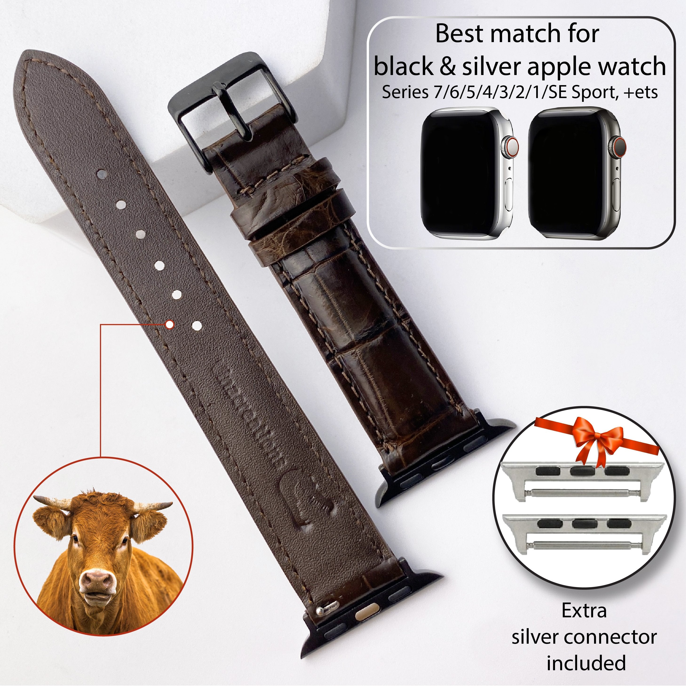 Dark Brown Alligator Leather Watch Band Compatible with Apple Watch IWatch Series 7 6 5 4 3 2 1 SE | AW-03 - Vinacreations