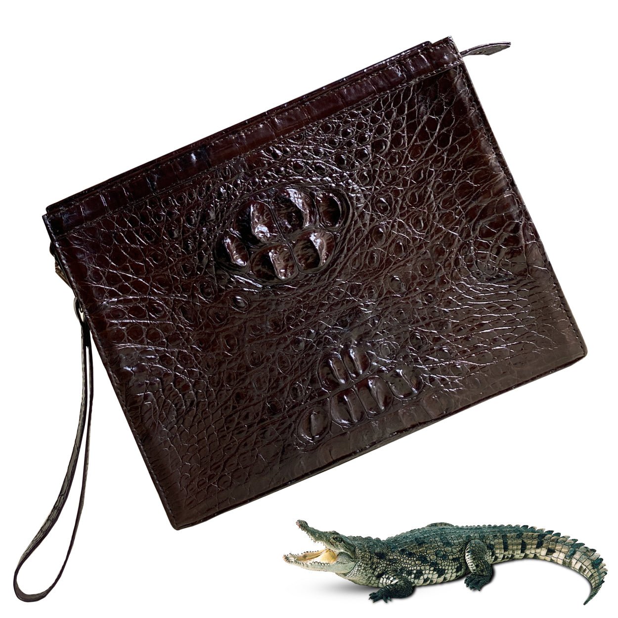 Dark Brown Alligator Mens Big Wristlet Clutch Purse Business Bag Premium Crocodile Handbag RFID Blocking CLUT03 - Vinacreations