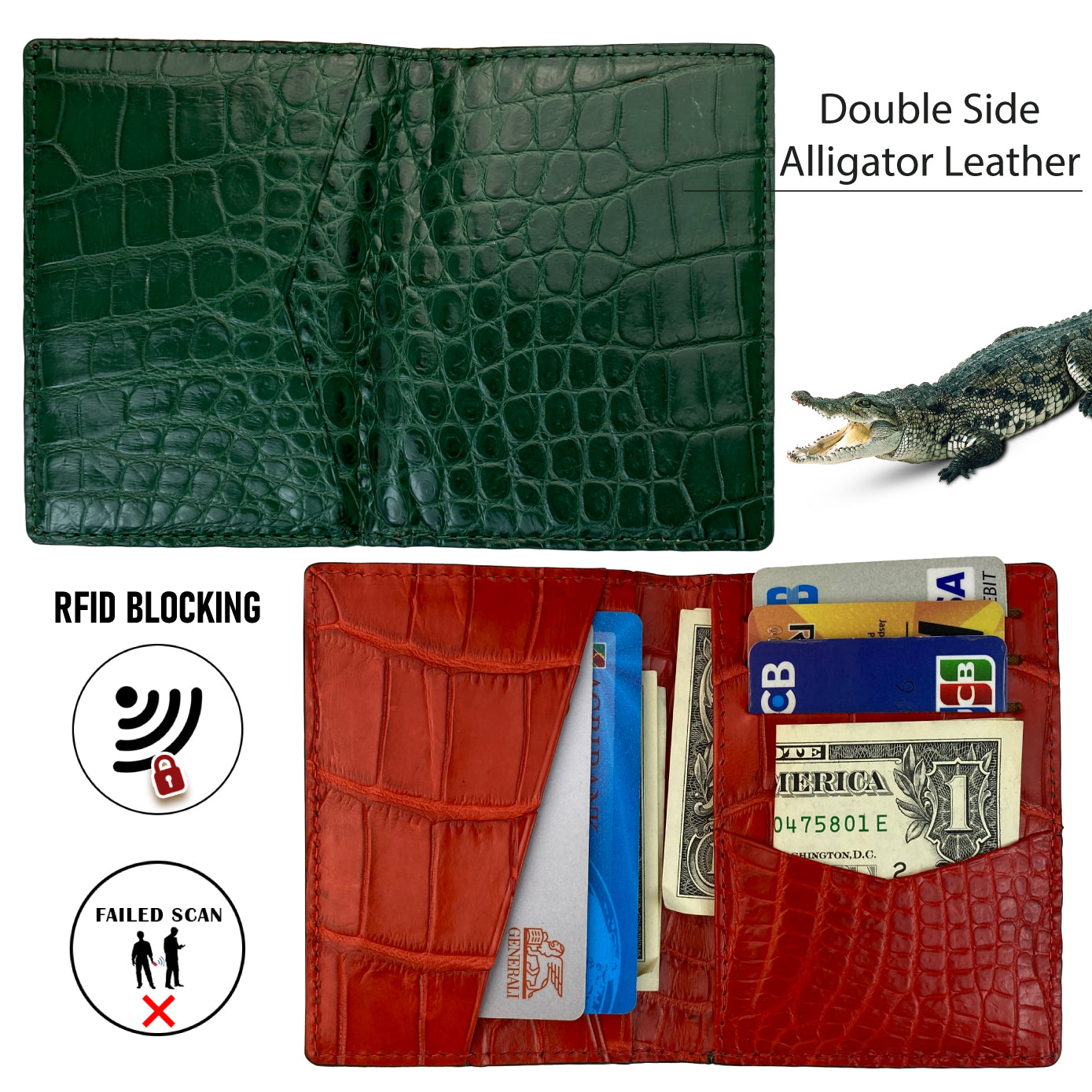 Green & Red Double Side Alligator Leather Credit Card Holder | RFID Blocking | CARD-112