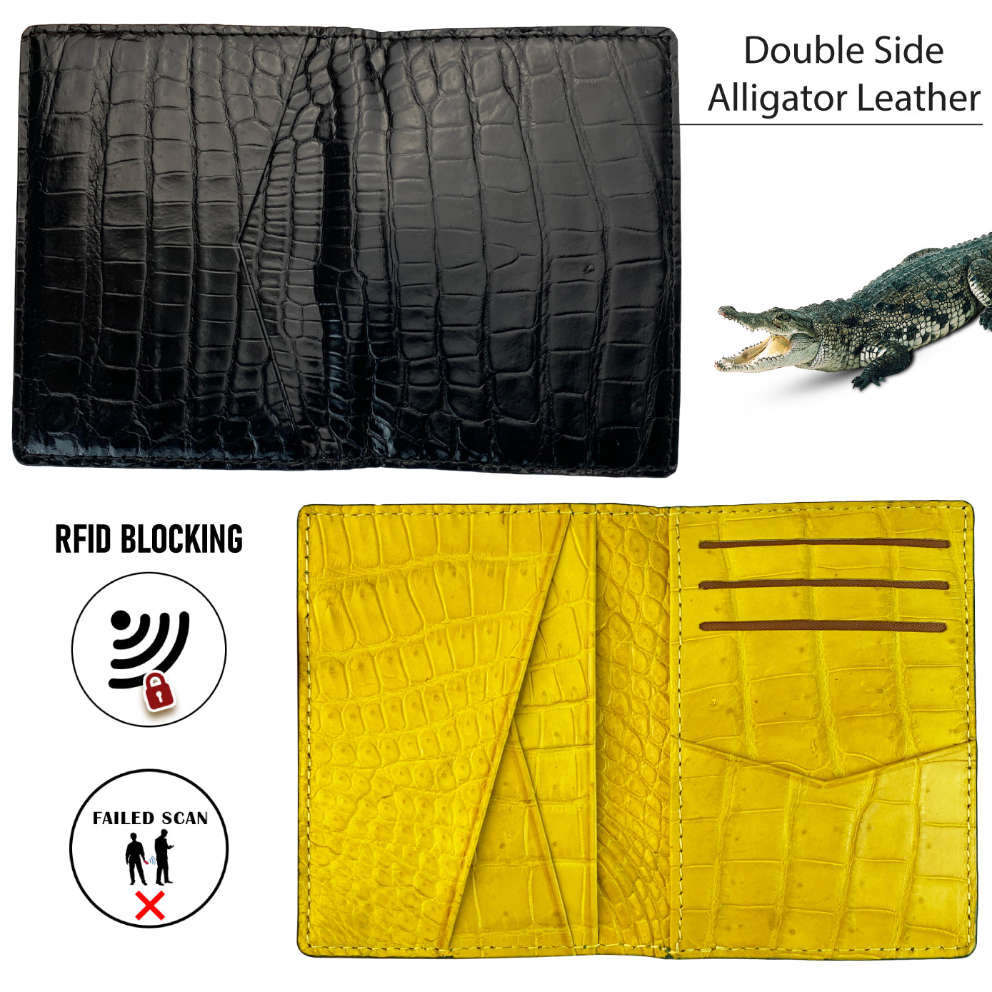 Black & Yellow Double Side Alligator Leather Credit Card Holder | RFID Blocking | CARD-19