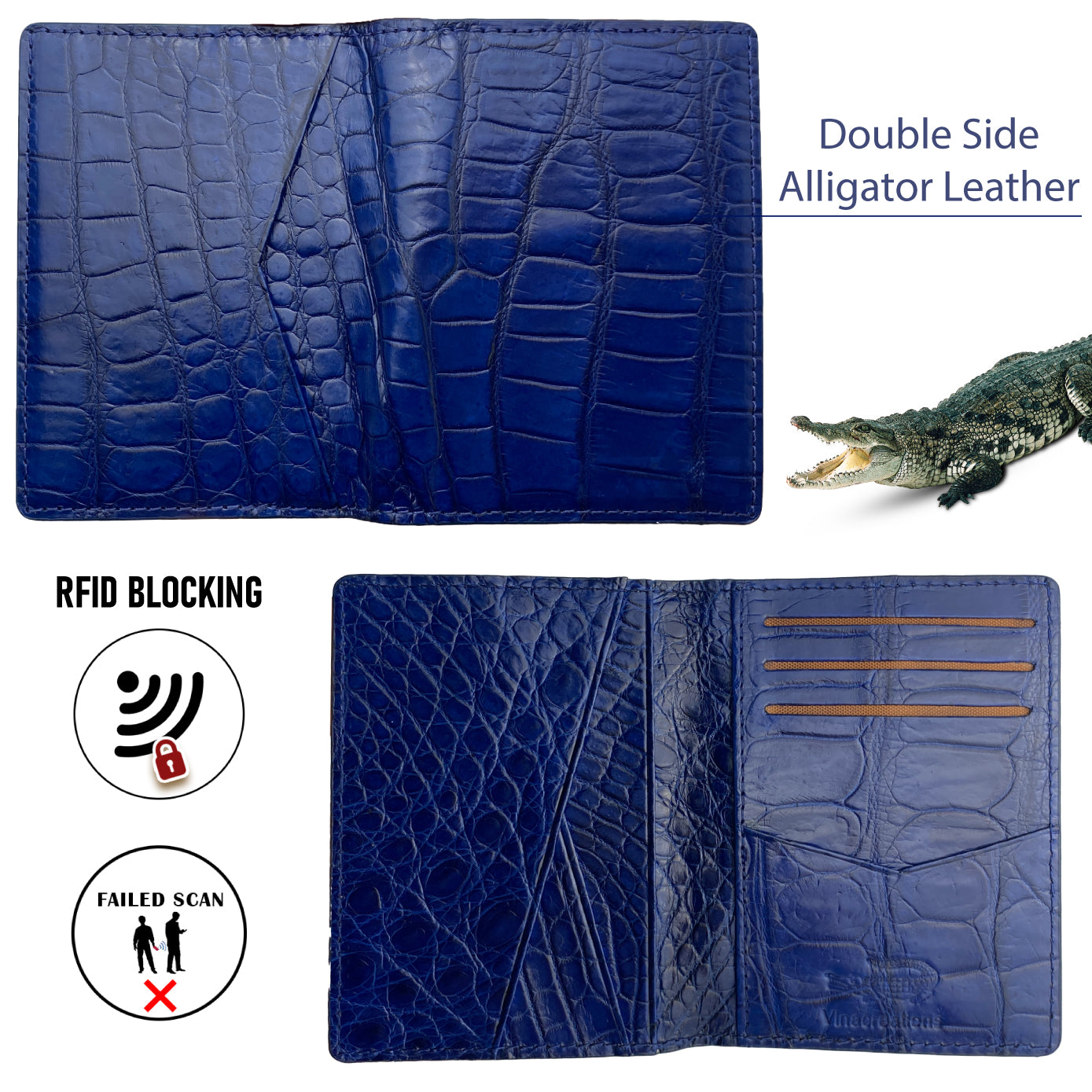 Navy Blue Alligator Leather Bifold Credit Card Holder Double Side Crocodile Skin with RFID Blocking | VINAM-86