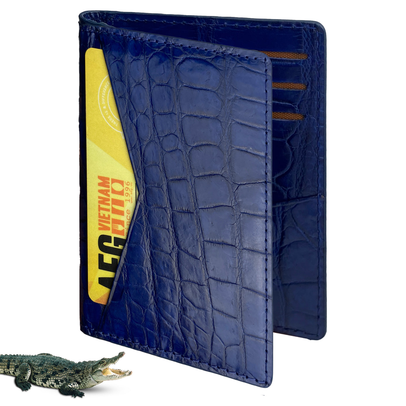 Navy Blue Alligator Leather Bifold Credit Card Holder Double Side Crocodile Skin with RFID Blocking | VINAM-86