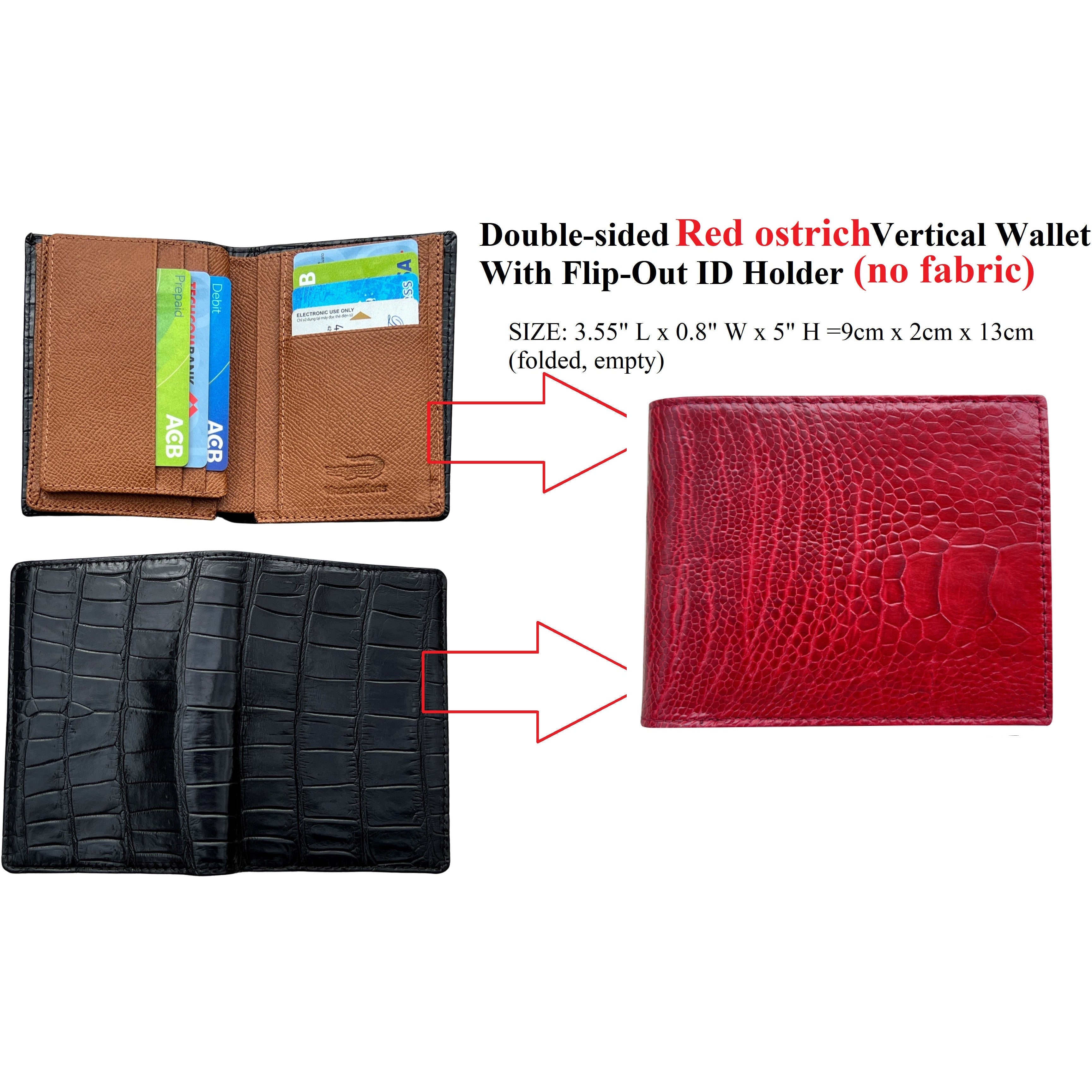 Double Side Red Ostrich Vertical Wallet With Flip Out ID Holder ( No Fabric ) - Vinacreations