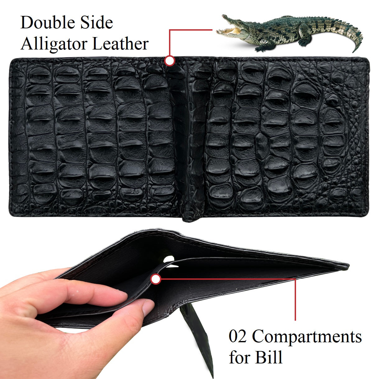 Black Mens Alligator Leather Bifold Wallet Double Side with Flip-out ID Window Passcase Crocodile Hornback Multiple Pocket Holder RFID Blocking