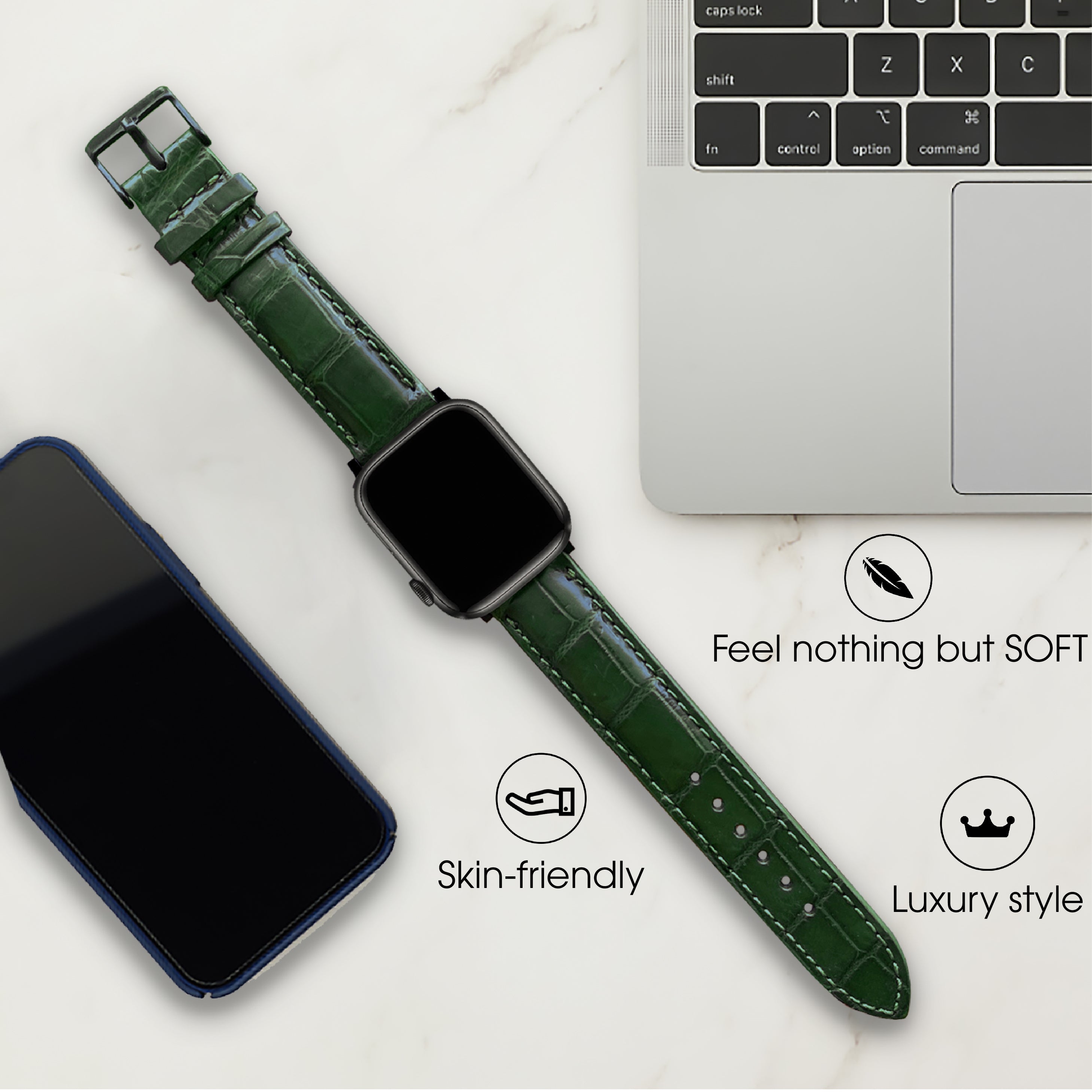 Green Alligator Leather Watch Band Compatible with Apple Watch IWatch Series 7 6 5 4 3 2 1 SE | AW-08 - Vinacreations