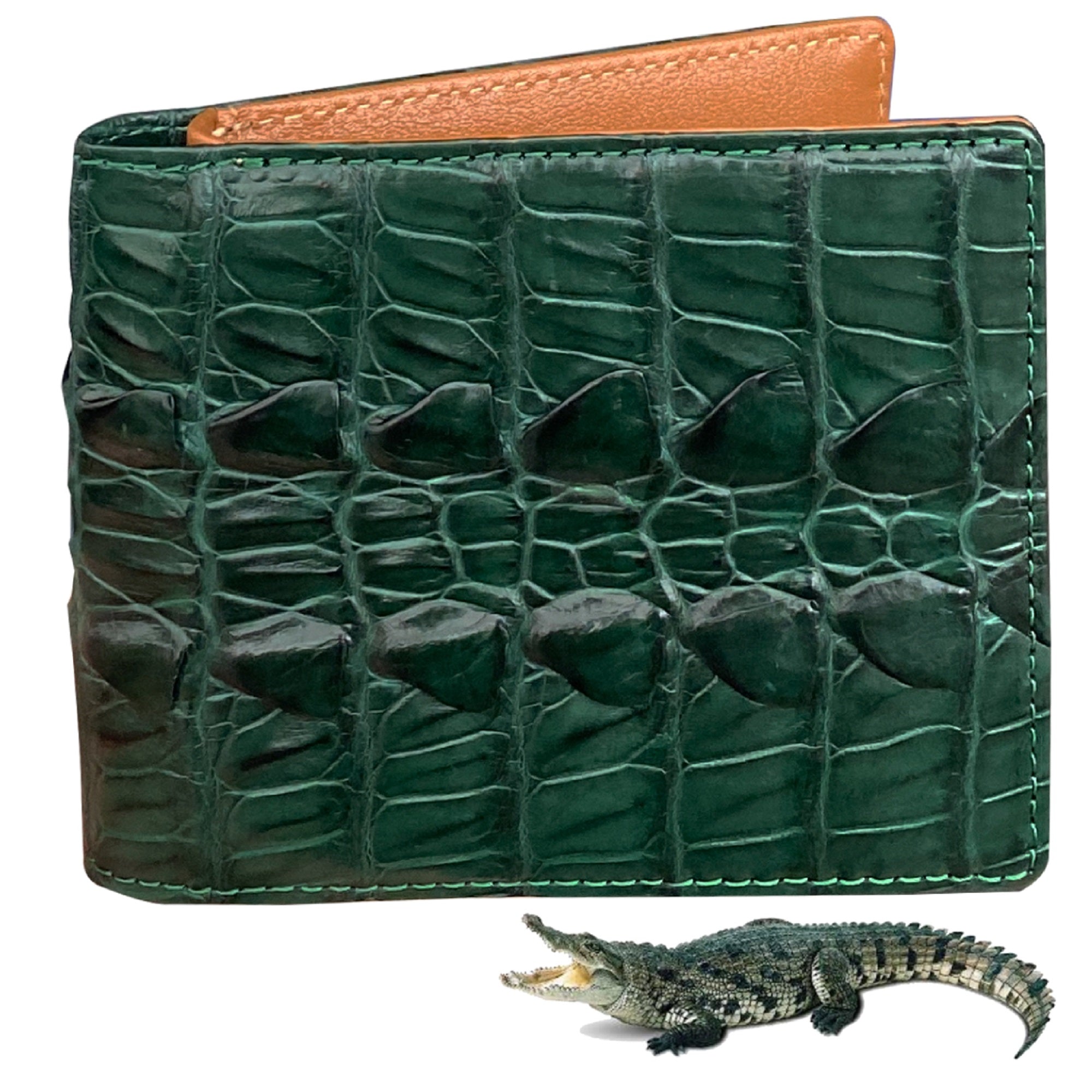 Green Alligator Tail Leather Bifold Wallet For Men | Handmade Crocodile Wallet RFID Blocking | VINAM-111 - Vinacreations
