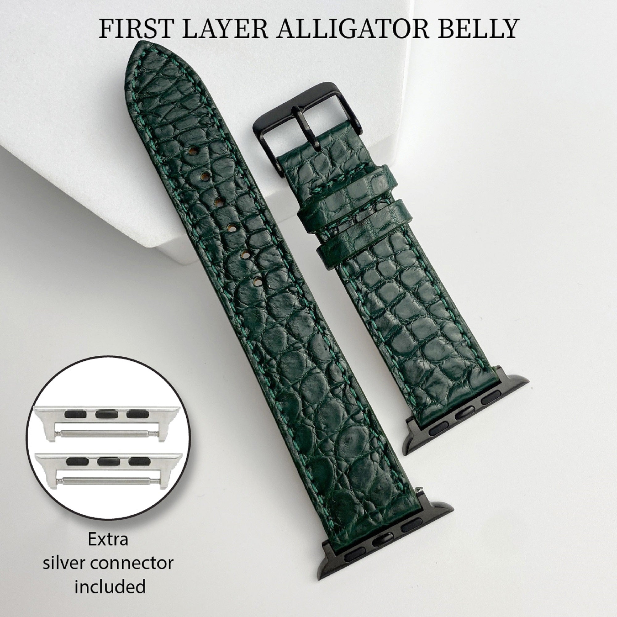 Green Flat Alligator Leather Watch Band Compatible with Apple Watch IWatch Series 8 7 6 5 4 3 2 1 SE | AW-28 - Vinacreations